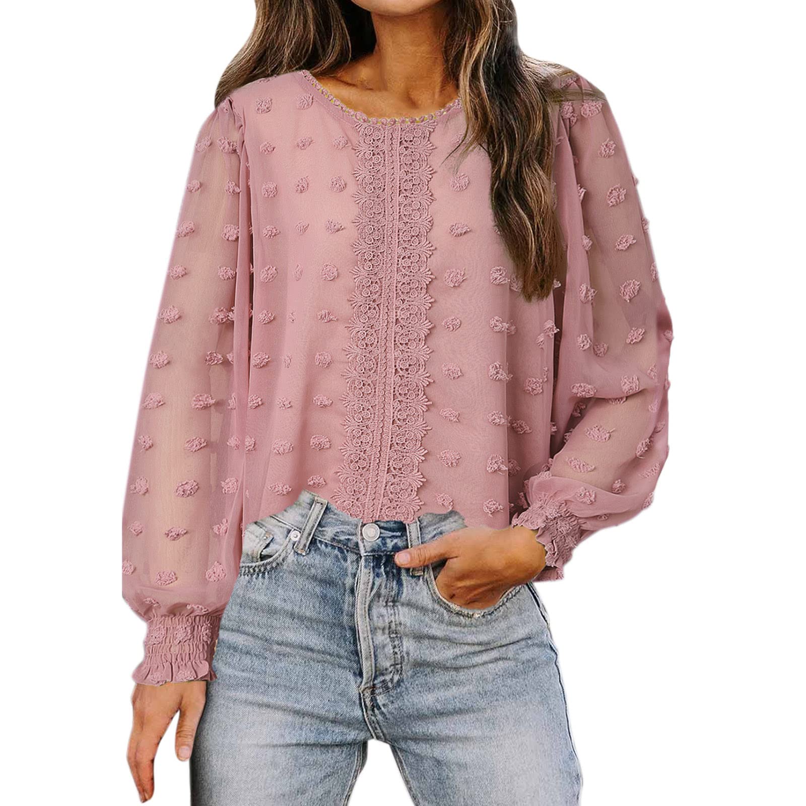 Women's Long Sleeve Crew Neck Button Down Blouses - See Through Roll Up Sleeve Casual Tops for Work, Office & Everyday Wear