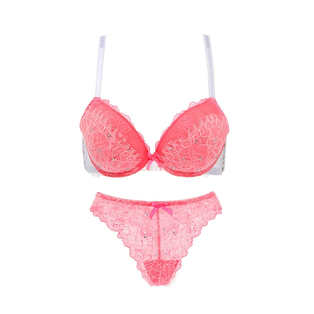 TWDYC Women's Sexy Lingerie Set - Lace Embroidery Bra & Panty Set, Comfortable Push Up Underwear (Pink, 80B) for Valentine's Day, Honeymoon & Romantic Nights