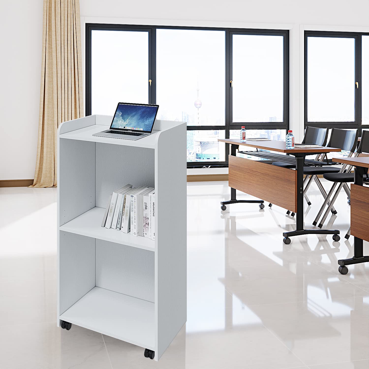 Portable Mobile Podium Stand with Wheels & Adjustable Shelf - White Hostess Stand for Church, Conference, Auditorium & Classroom | Perfect for Speeches, Presentations & Events