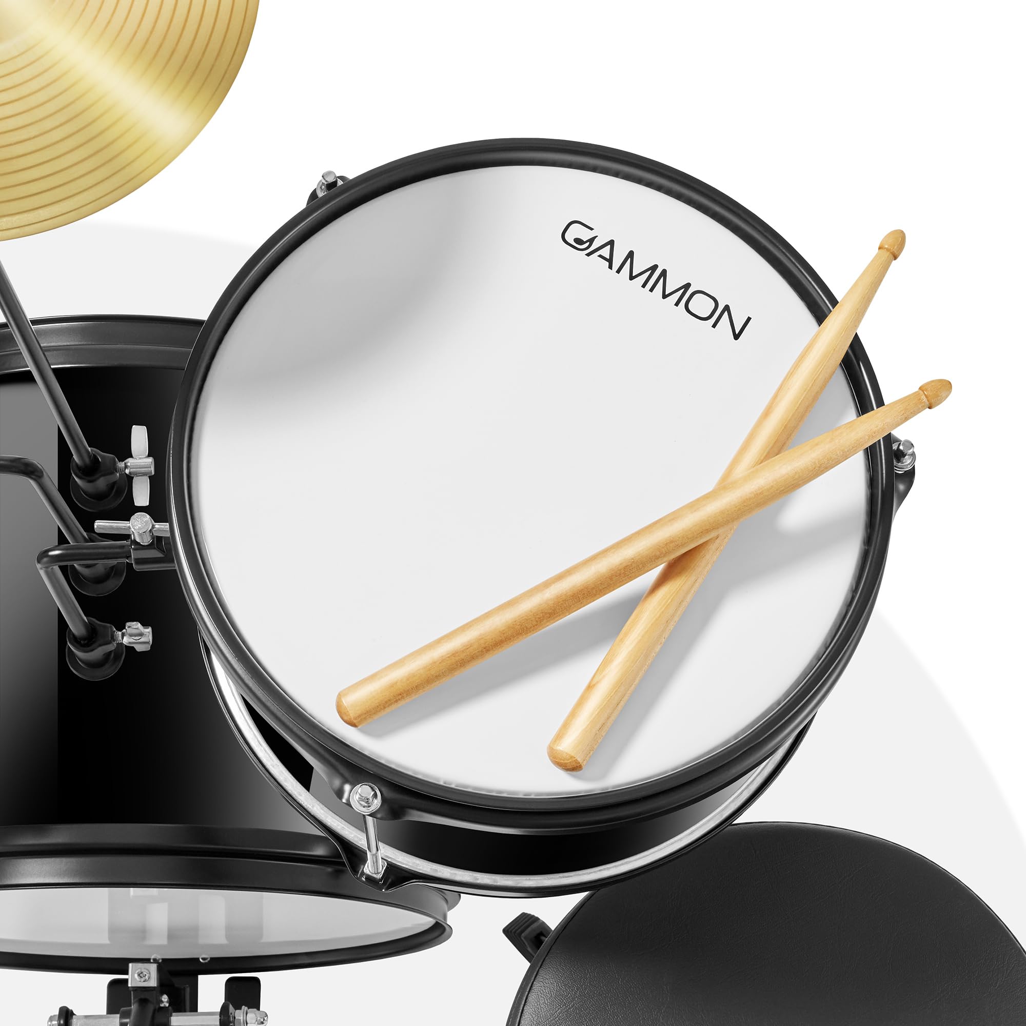 Gammon 3-Piece Junior Drum Set with Throne - Black Complete Beginner Drum Kit with Bass Drum, Toms, Cymbal, Pedal & Drumsticks | Perfect for Kids Learning Music, Home Practice & Small Performances