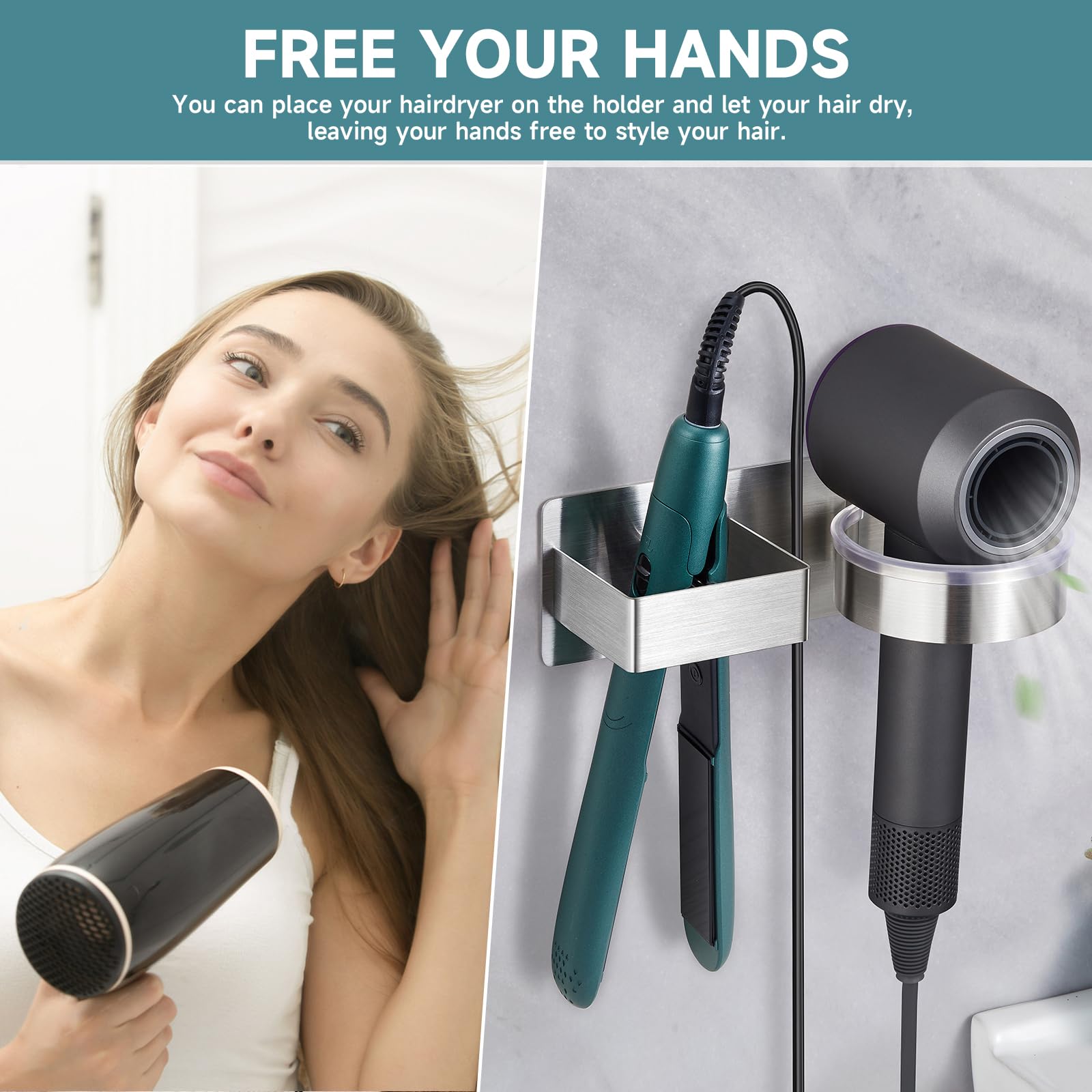 Stainless Steel Hair Dryer Holder & Hair Tool Organizer - Wall Mounted Blow Dryer Stand with Adhesive for Flat Iron, Curling Iron & Hair Styling Tools - Perfect for Bathroom, Salon & Home Organization