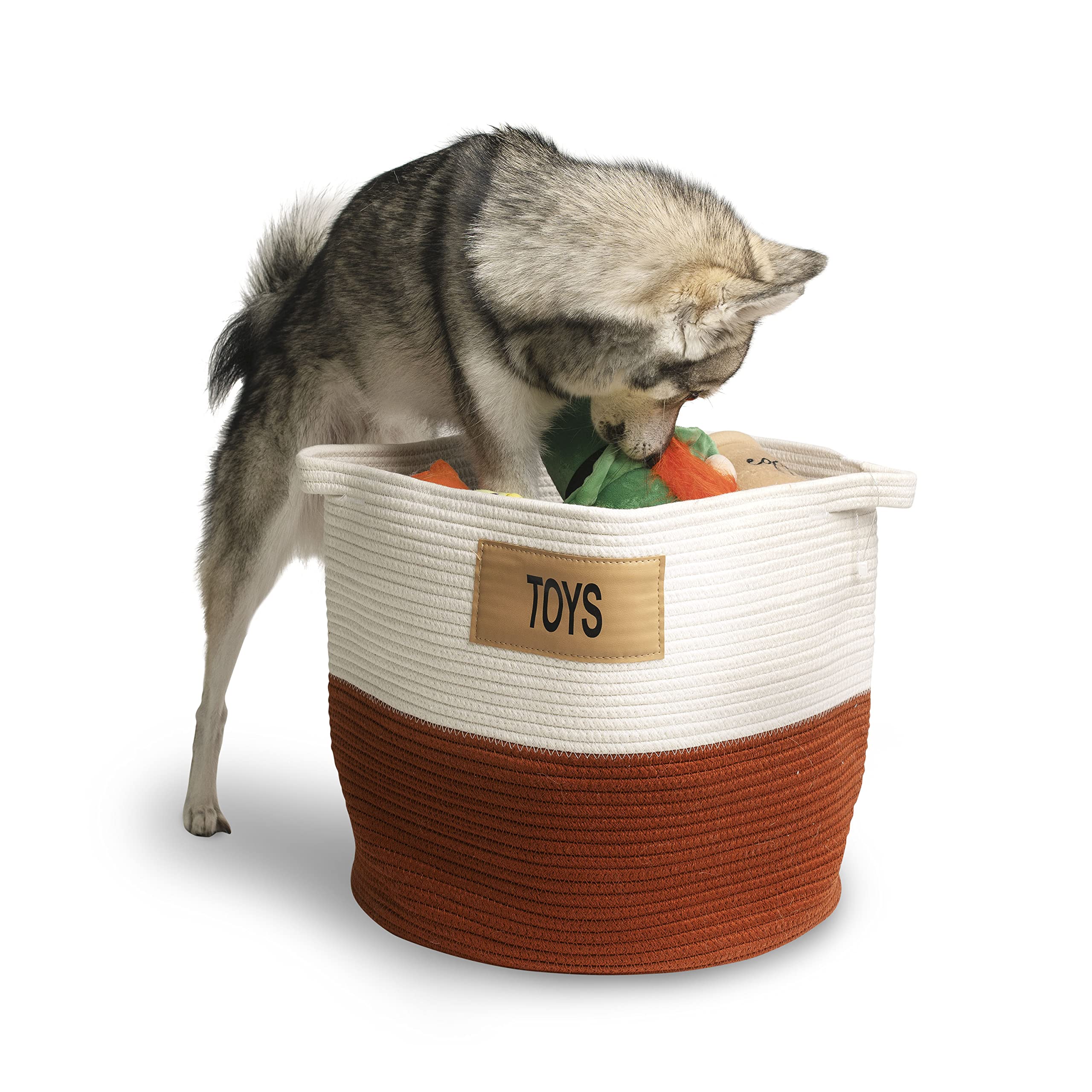 Midlee Rust & White Rope Toys Basket - Stylish Storage Organizer for Kids' Toys, Nursery, Playroom & Living Room Decor