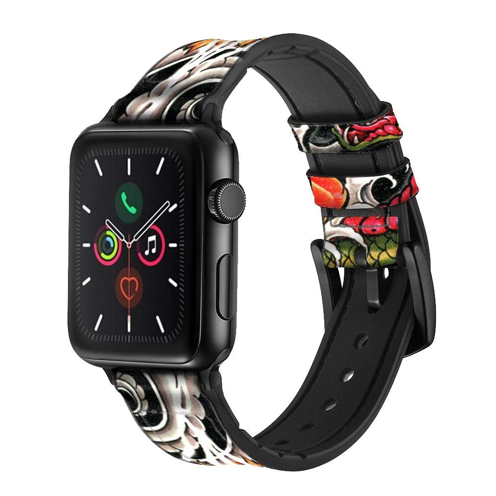 Yakuza Tattoo Leather & Silicone Smart Watch Band for Apple Watch Series 38mm/40mm/41mm - Stylish Durable Replacement Strap for Workout, Office & Casual Wear