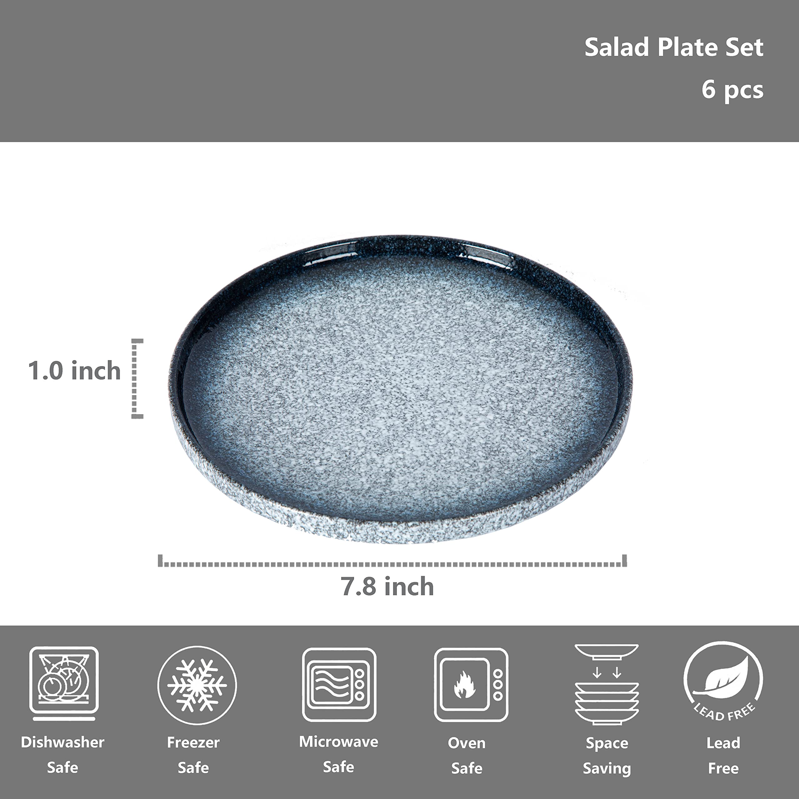 S&Q's Ceramic Flat Dessert Salad Plates - 8 Inch Set of 6, Microwave & Dishwasher Safe, Scratch Resistant Dark Blue Plates for Appetizers, Small Dinners, Parties & Home Decor
