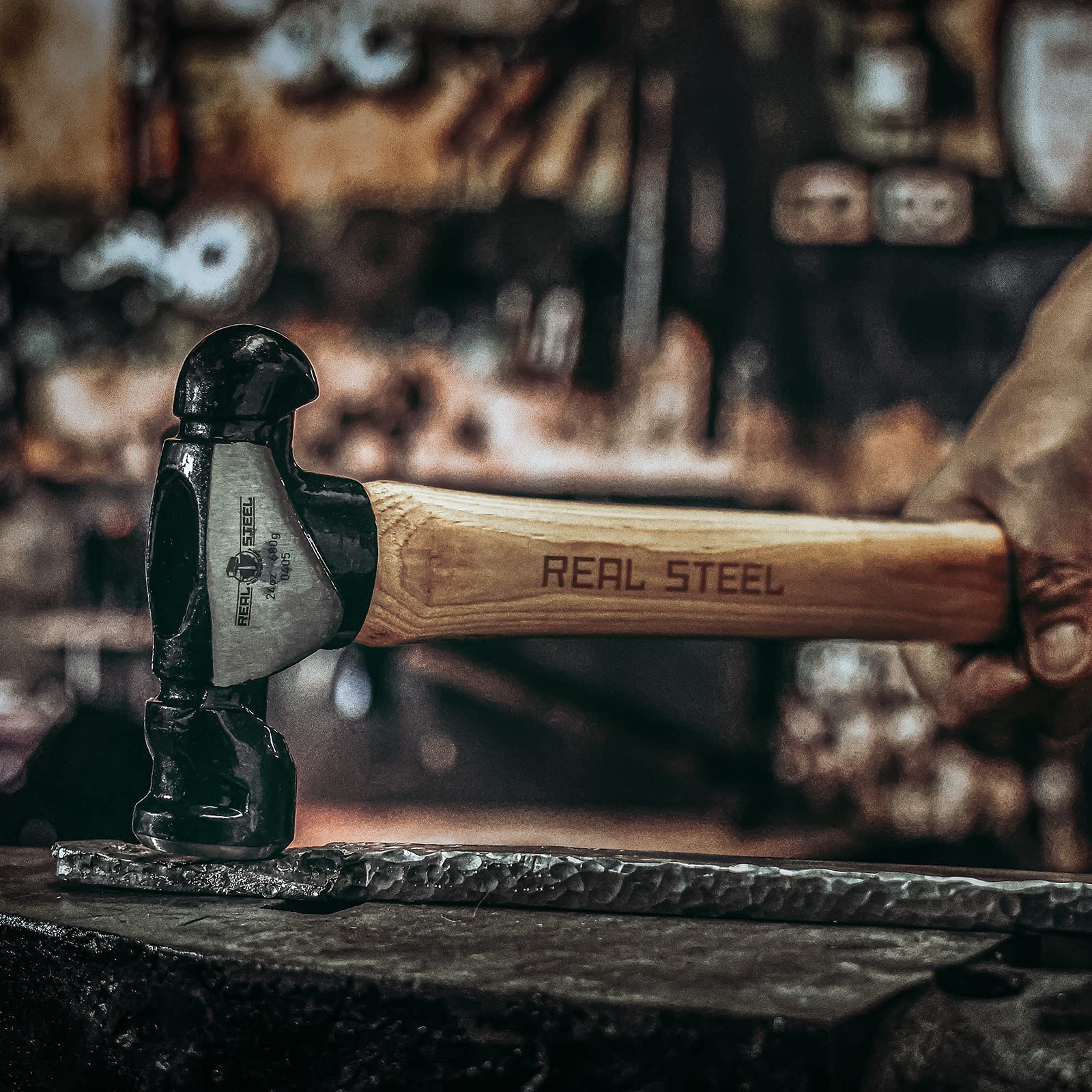 REAL STEEL 32 Oz Forged Ball Peen Hammer with Hickory Wood Handle - Heavy Duty 2 Lb Ball Pein Hammer for Metalworking, Blacksmithing & DIY Projects (Model 0406)