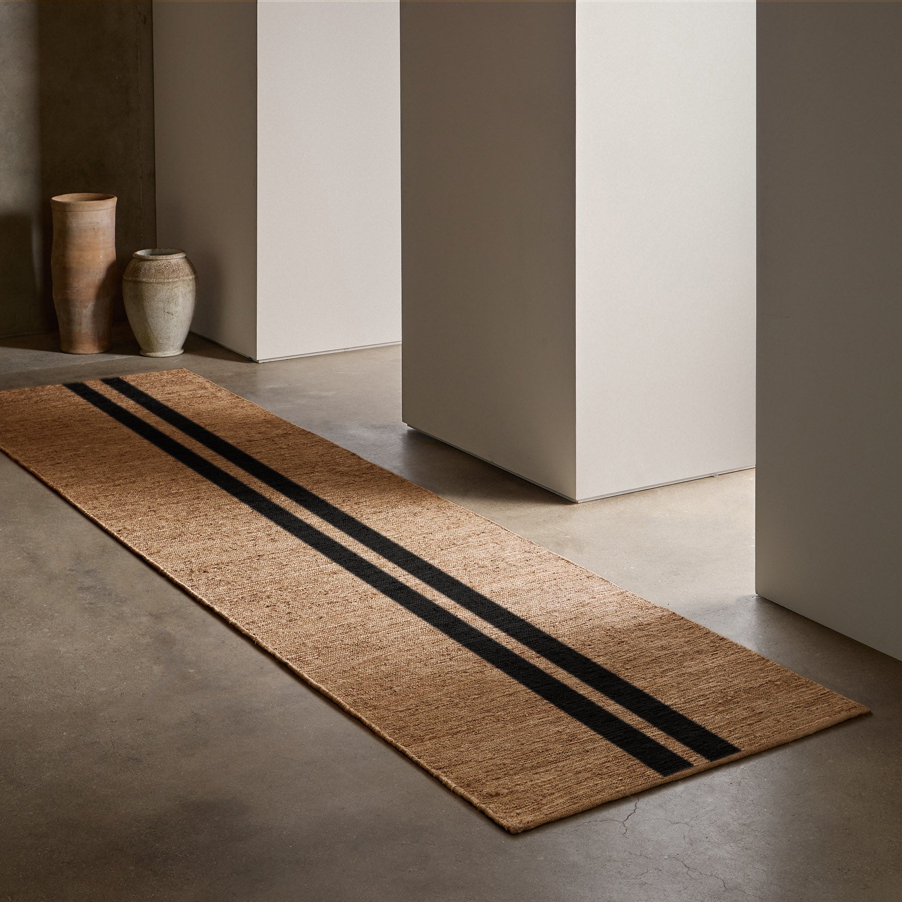 Natural Jute Runner Rug with Charcoal Stripes - Eco-Friendly Handwoven Floor Mat for Living Room, Bedroom, or Hallway Decor