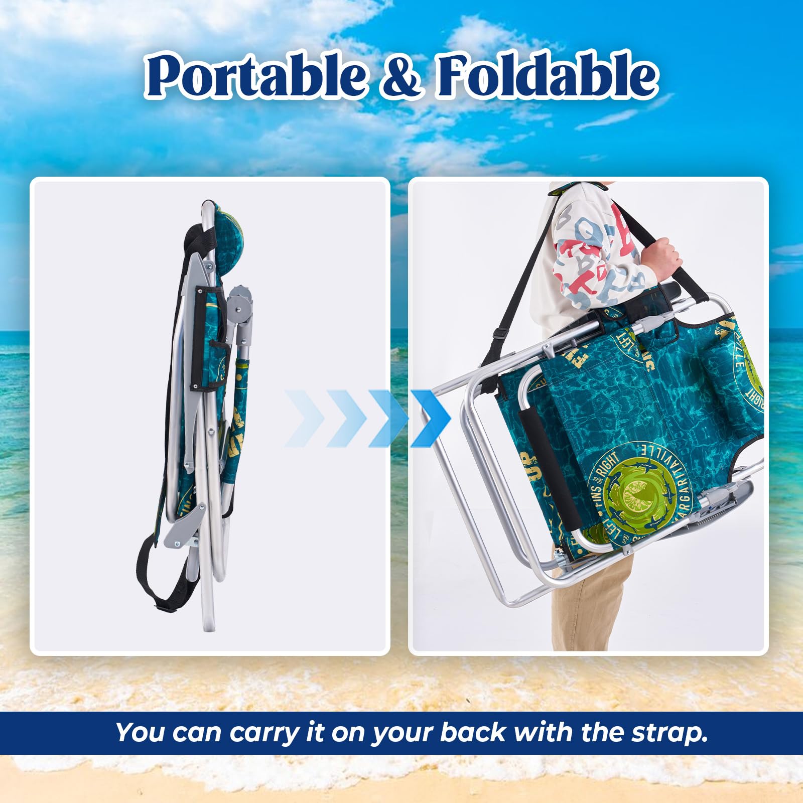 Portable Folding Camping Beach Chair for Adults - Lightweight Outdoor Lounge Chair with Footrest, Backpack Straps, Towel Bar, Cooler Pouch & Cup Holder - Perfect for Beach, Picnic, Backyard & Travel (Geometric Green)