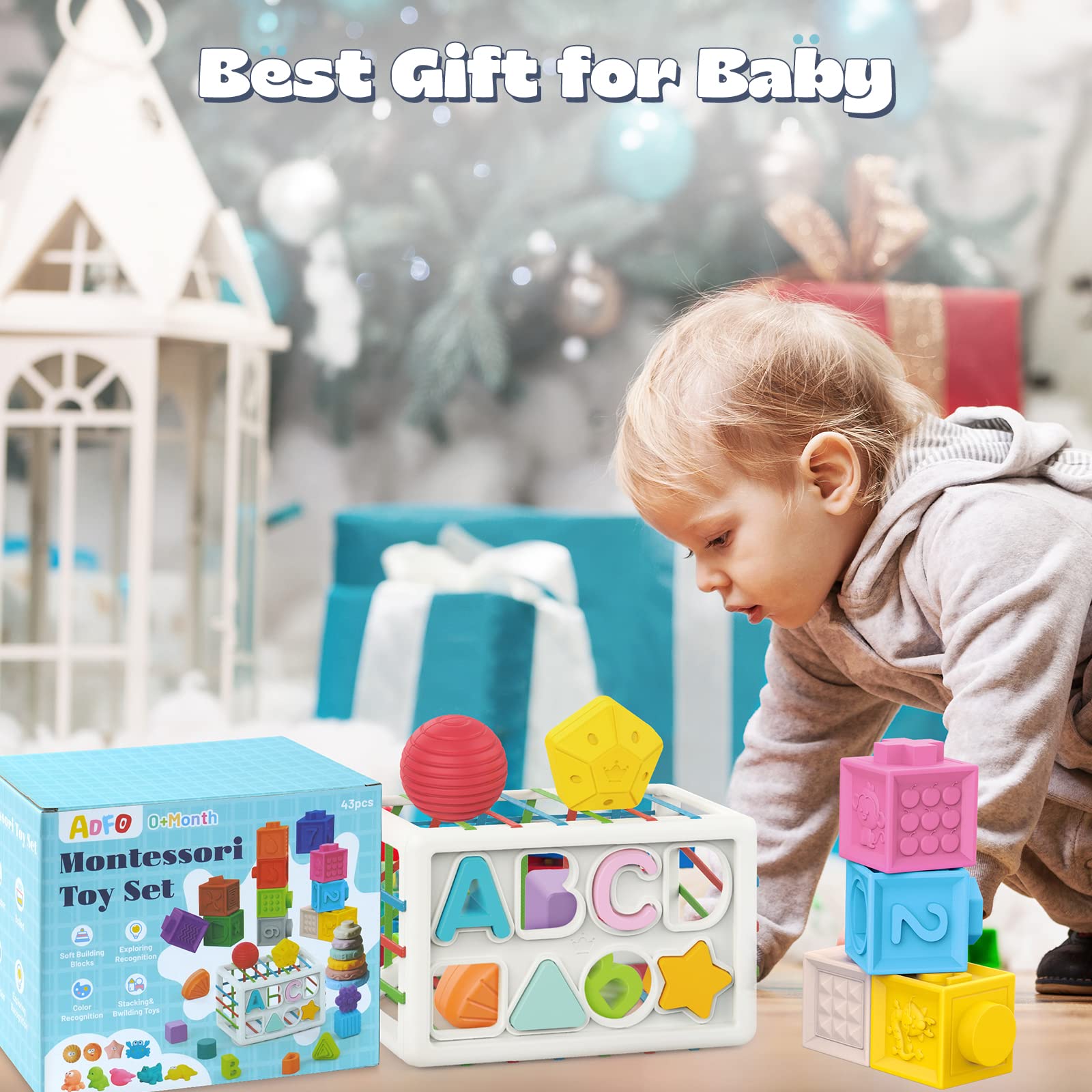 **ADFO 5-in-1 Montessori Baby Toys for 6-18 Months – 43PCS Educational Sensory Toys for 1, 2, 3 Year Olds – Soft Stacking Blocks, Shape Sorter & Teething Bath Toys – Perfect for Playtime, Learning & Travel**