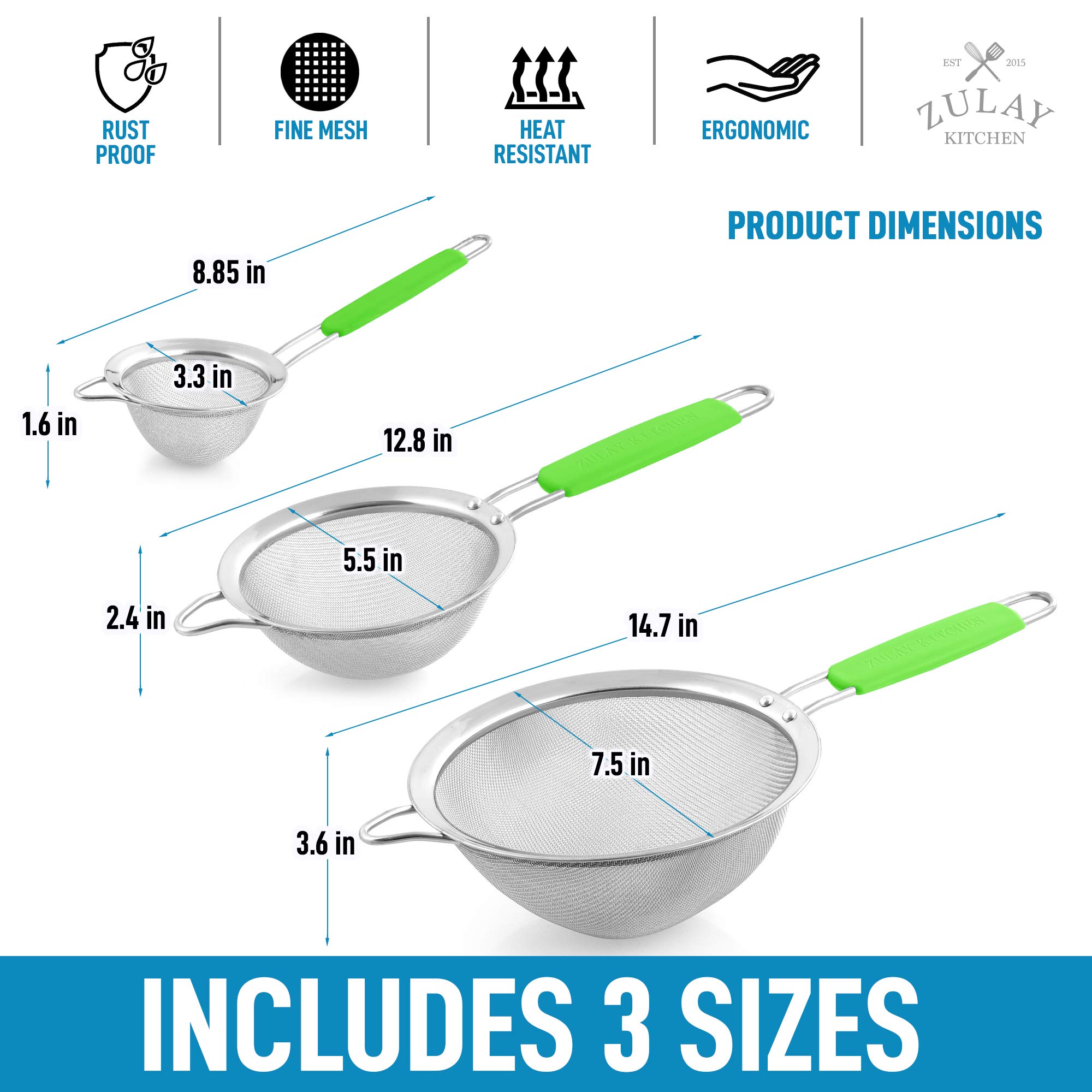 Premium Stainless Steel Strainer Set - 3 Sizes for Kitchen Use - Durable & Non-Slip