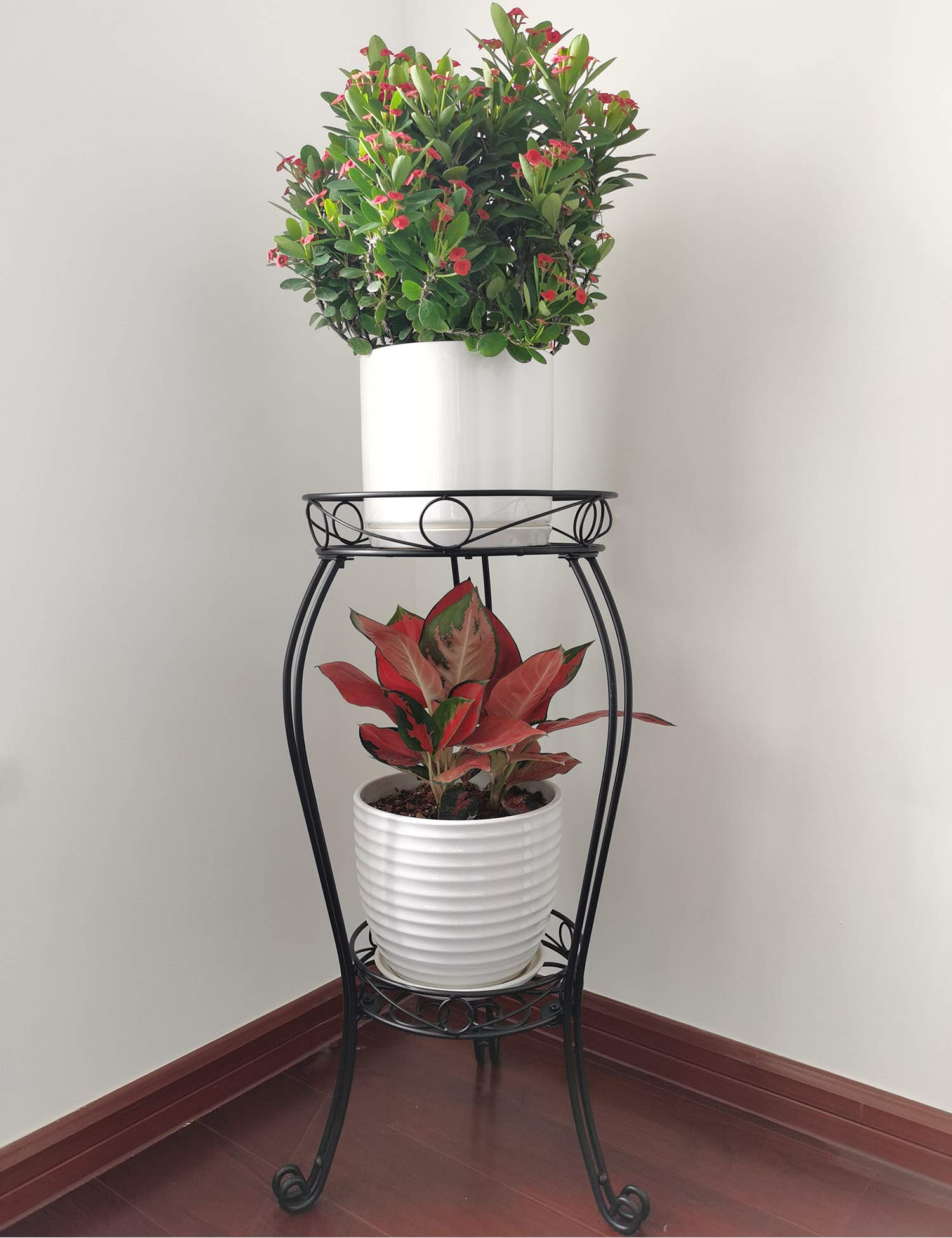 2 Tier 28.4 Inch Tall Metal Plant Stand - Set of 2 Indoor/Outdoor Flower Pot Holder with 6 Inch Height - Perfect for Balcony, Patio, Garden Decor and Home Plant Display