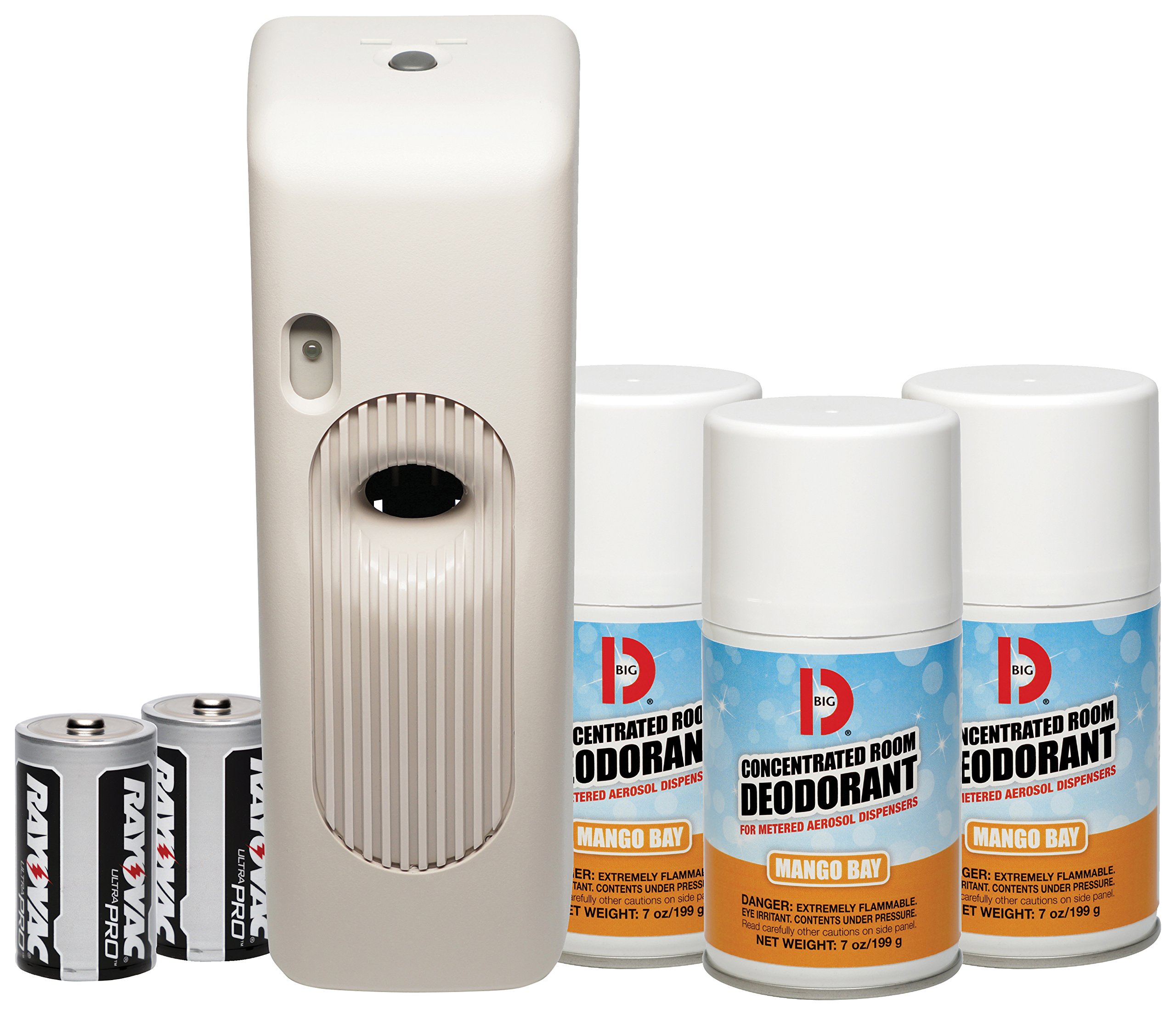Big D 873 Metered Aerosol Starter Kit with Mango Bay Fragrance - Includes Dispenser, 2 Batteries & 3 Aerosol Cans - Long-Lasting Air Freshener for Restrooms, Offices, Schools, Restaurants, Hotels & Stores - Eliminates Odors & Creates Fresh Atmosphere
