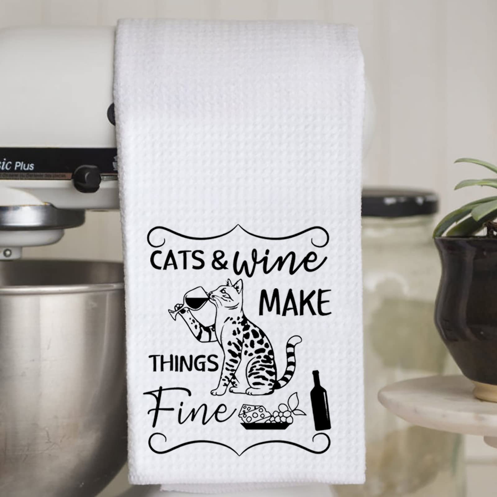 Waffle Weave Kitchen Towel - Cats and Wine Design - Perfect Housewarming Gift for Wine & Cat Lovers | Absorbent & Durable for Kitchen, Dining, and Hosting