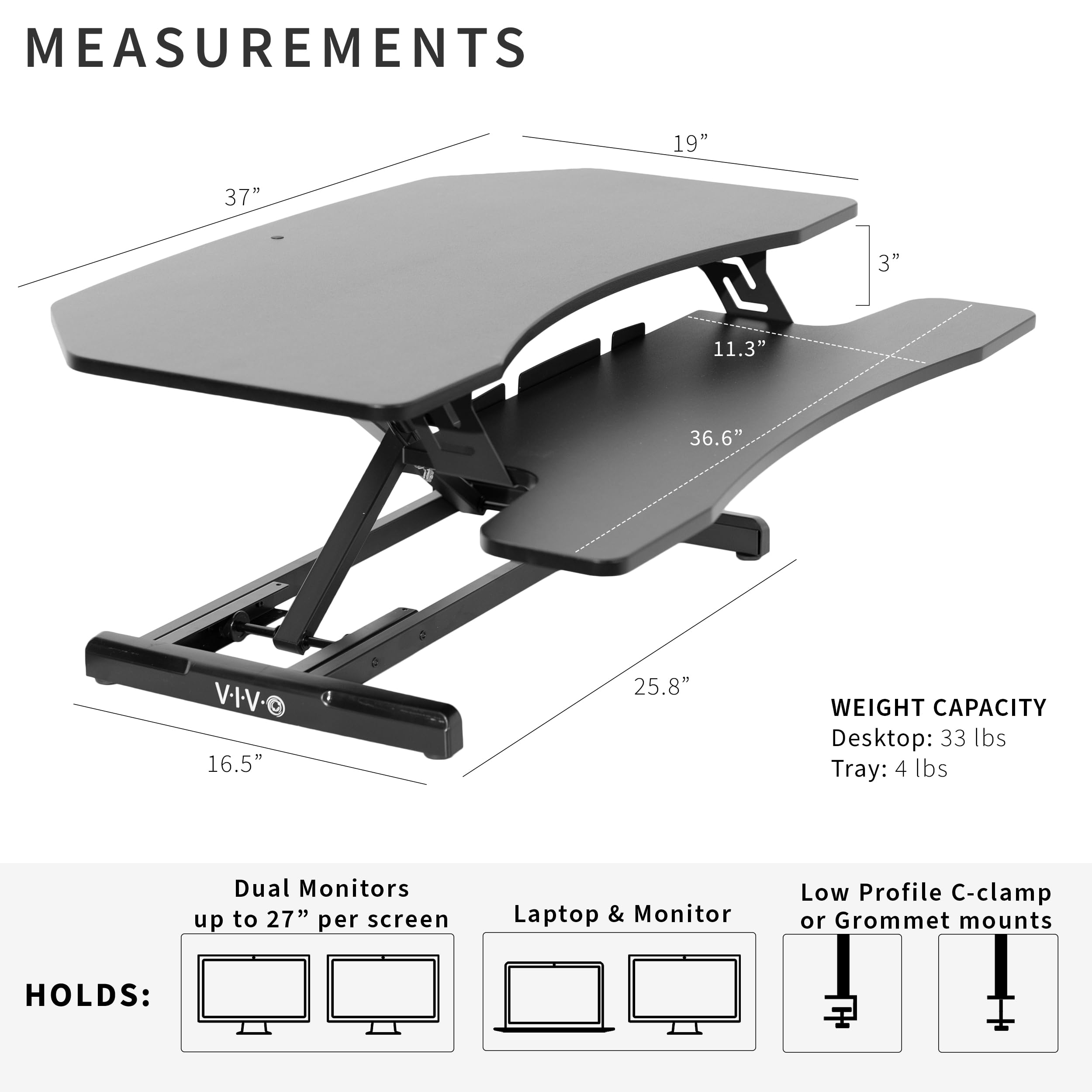 VIVO 94cm Adjustable Standing Desk Converter - Quick Sit to Stand Workstation with Dual Monitor Riser, Ergonomic Height Adjustable Desktop (DESK-V037MC) - Perfect for Home Office, Gaming Setup & Workspace Productivity