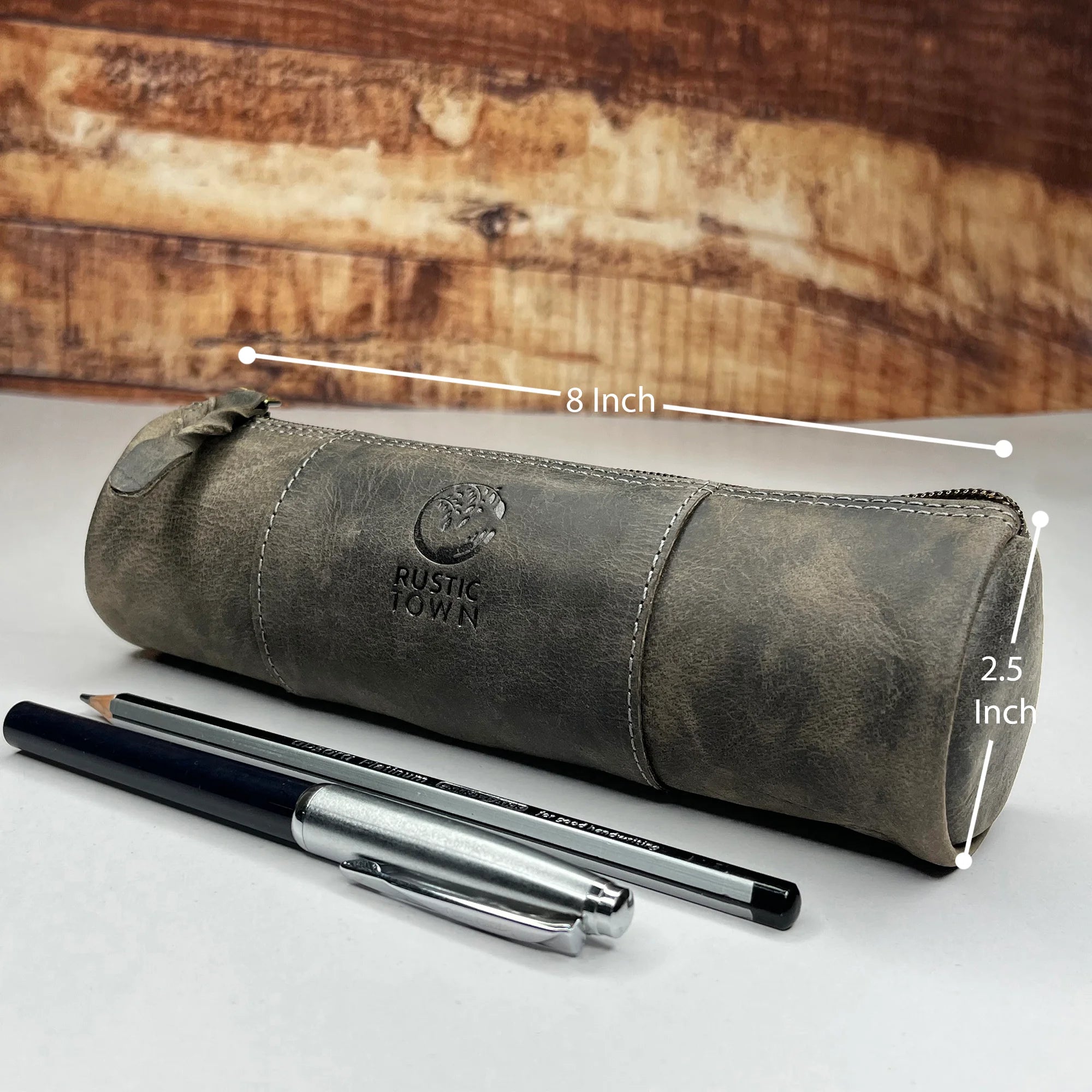 Premium Winnie Leather Zipper Pen Pencil Case - Grey Evening Blue | Stylish Organizer for School, Office & Travel | Perfect for Students, Professionals & Artists