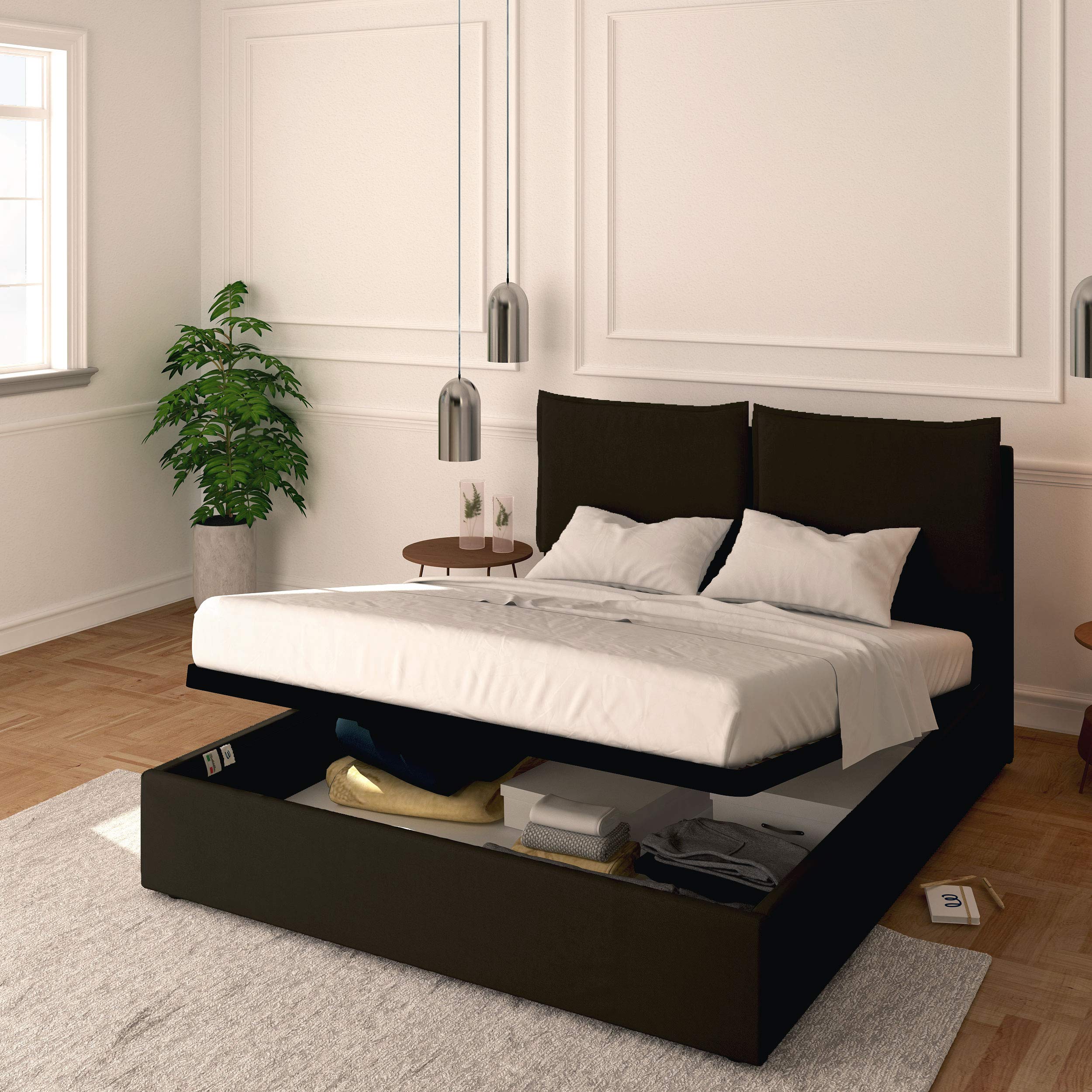 Baldiflex Licia Queen Size Bed Frame with Upholstered Synthetic Leather Headboard, Slatted Base for 160x190cm Mattress - Modern Bedroom Furniture for Master Bedroom & Guest Room