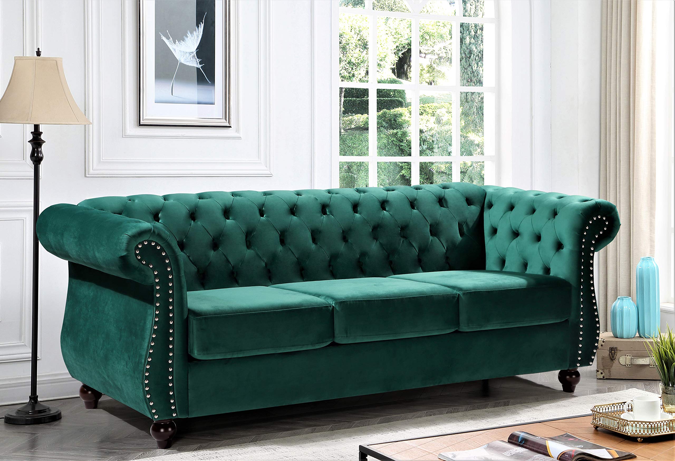 Modern Velvet Chesterfield Sofa for Living Room - Green Tufted Couch with Nailhead Trim & Sturdy Metal Frame | Perfect for Home Office, Lounge & Formal Sitting Areas