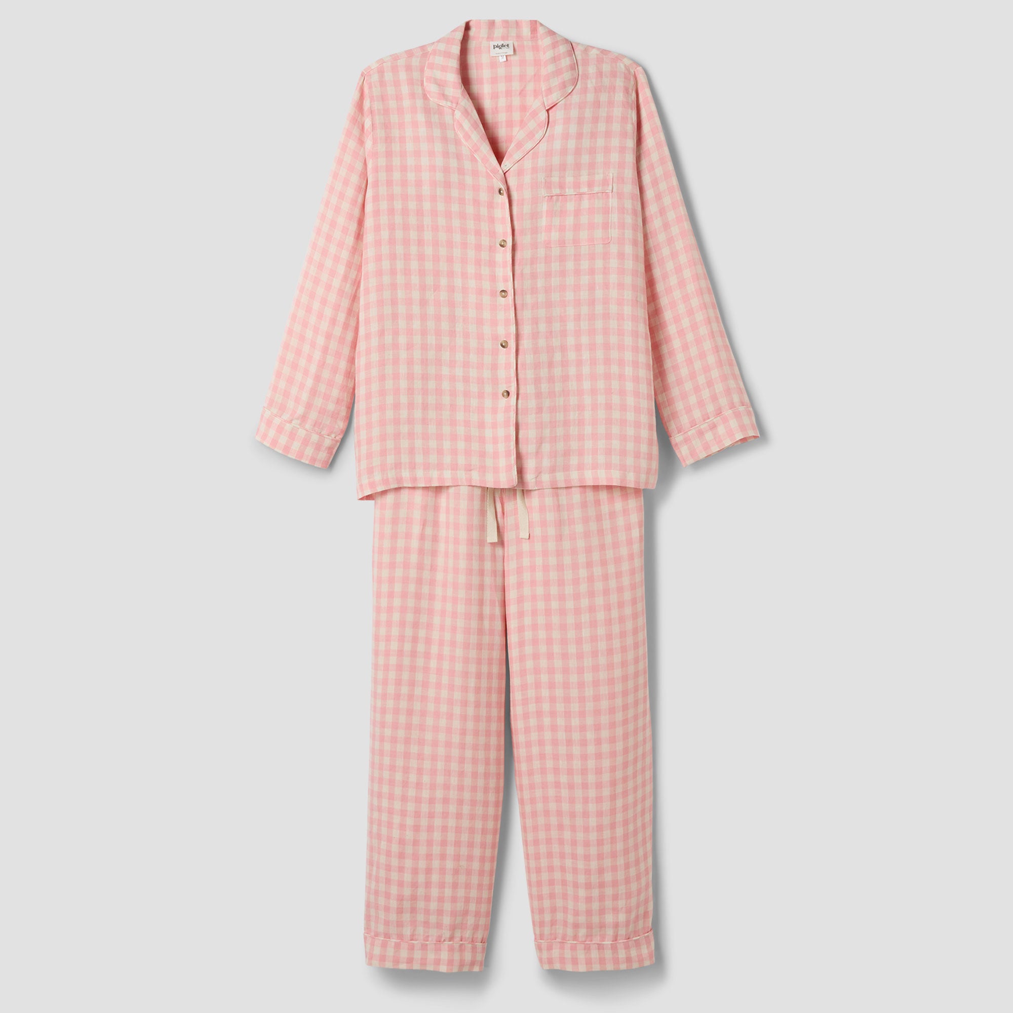Pink Bloom Gingham Linen Pajama Set - Women's Soft & Breathable Sleepwear for Summer Nights - Perfect for Lounging, Travel & Relaxation at Home