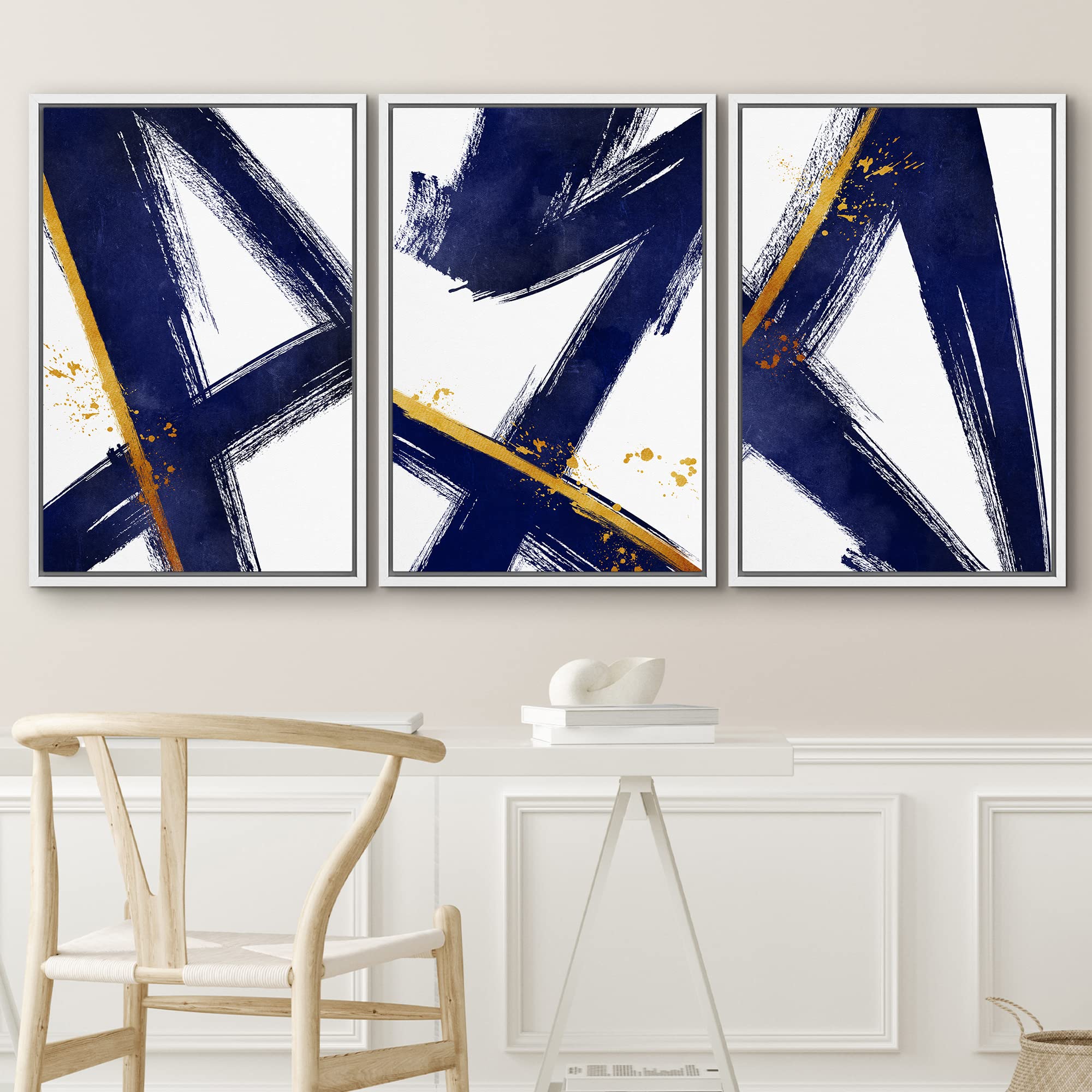 IDEA4WALL Framed Canvas Wall Art Set - Blue & Gold Geometric Graffiti Abstract Painting with Modern Stripes & Shapes, 24