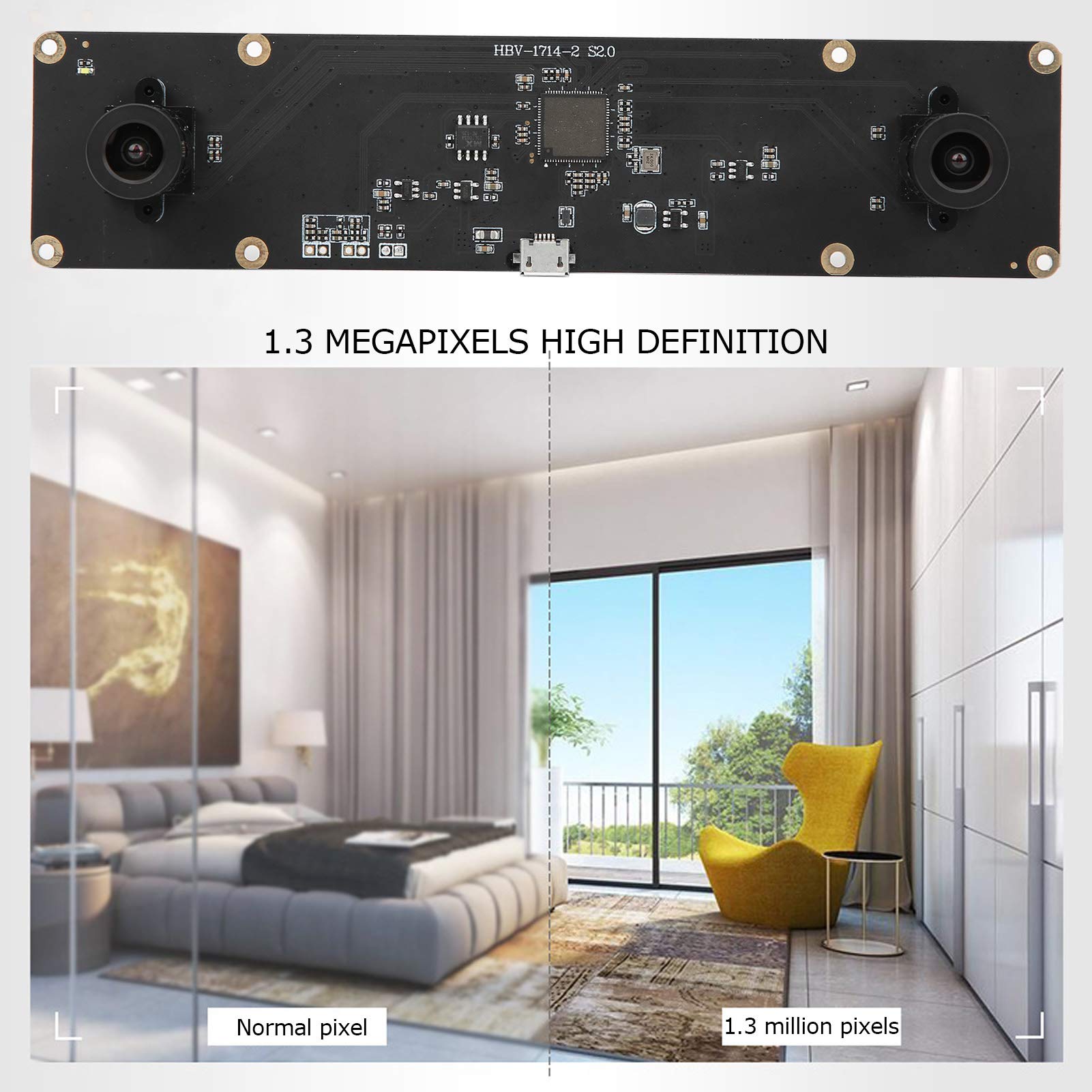 HBV-1714-2 Dual Lens Stereo Webcam Module - USB 2.0 Industrial Mini Camera with High Angle Lens for 3D Imaging, Machine Vision & Robotics Applications
