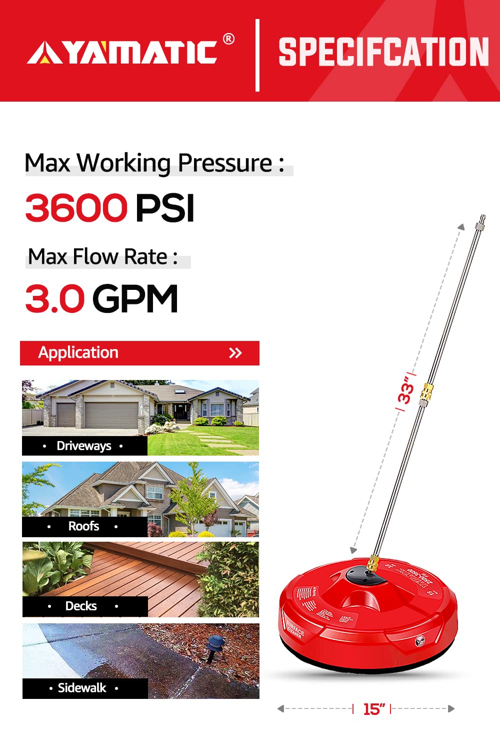 YAMATIC 15 Inch 3600PSI Pressure Washer Surface Cleaner with 2 Extension Wands - Professional Power Washer Attachment for Driveway, Deck, Patio & Concrete Cleaning (Red, 15
