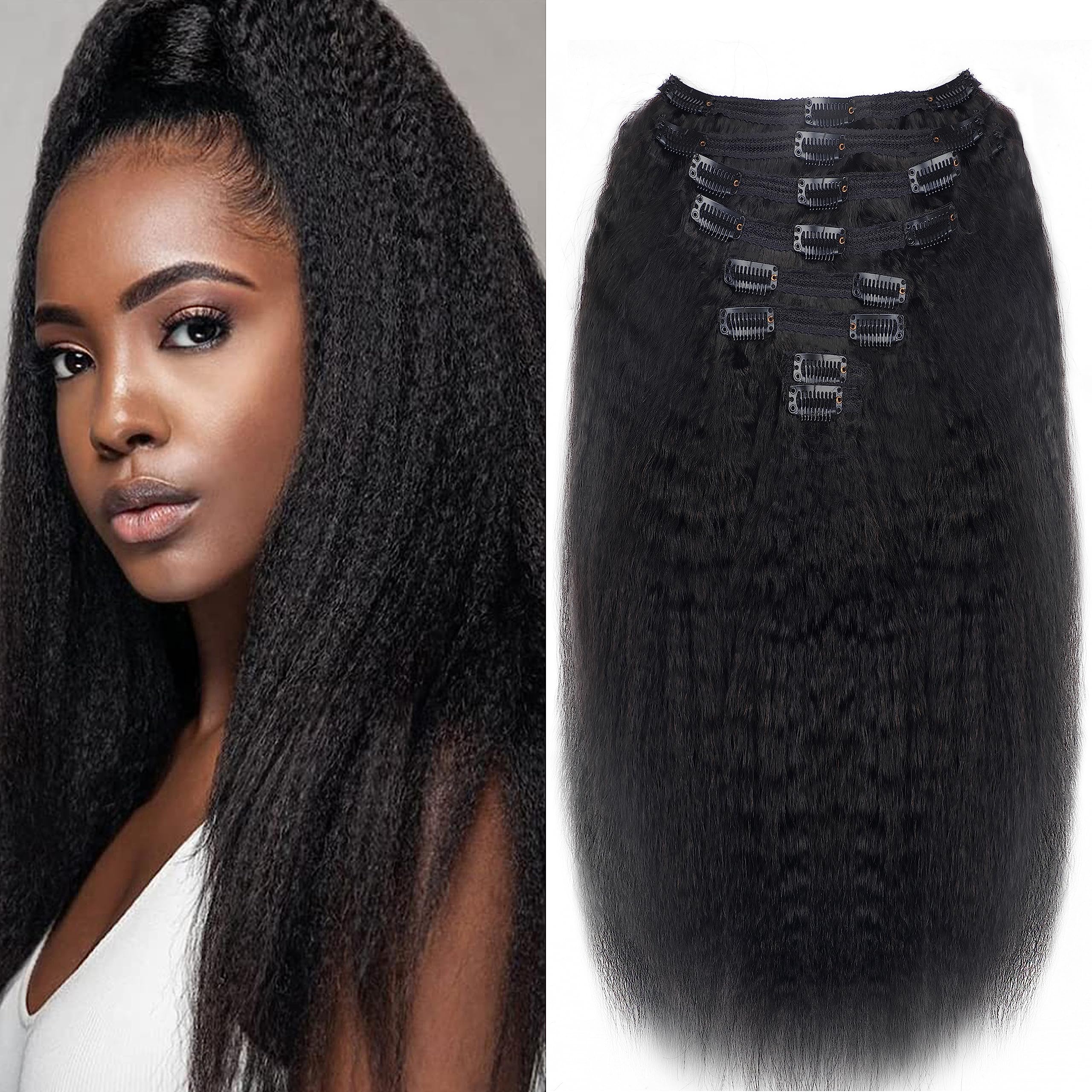 100% Unprocessed Brazilian Virgin Human Hair Clip-In Extensions – 8pcs 120g (22 Inch) Kinky Straight Seamless with 18 Clips | Natural Look for Daily Wear, Parties & Special Occasions