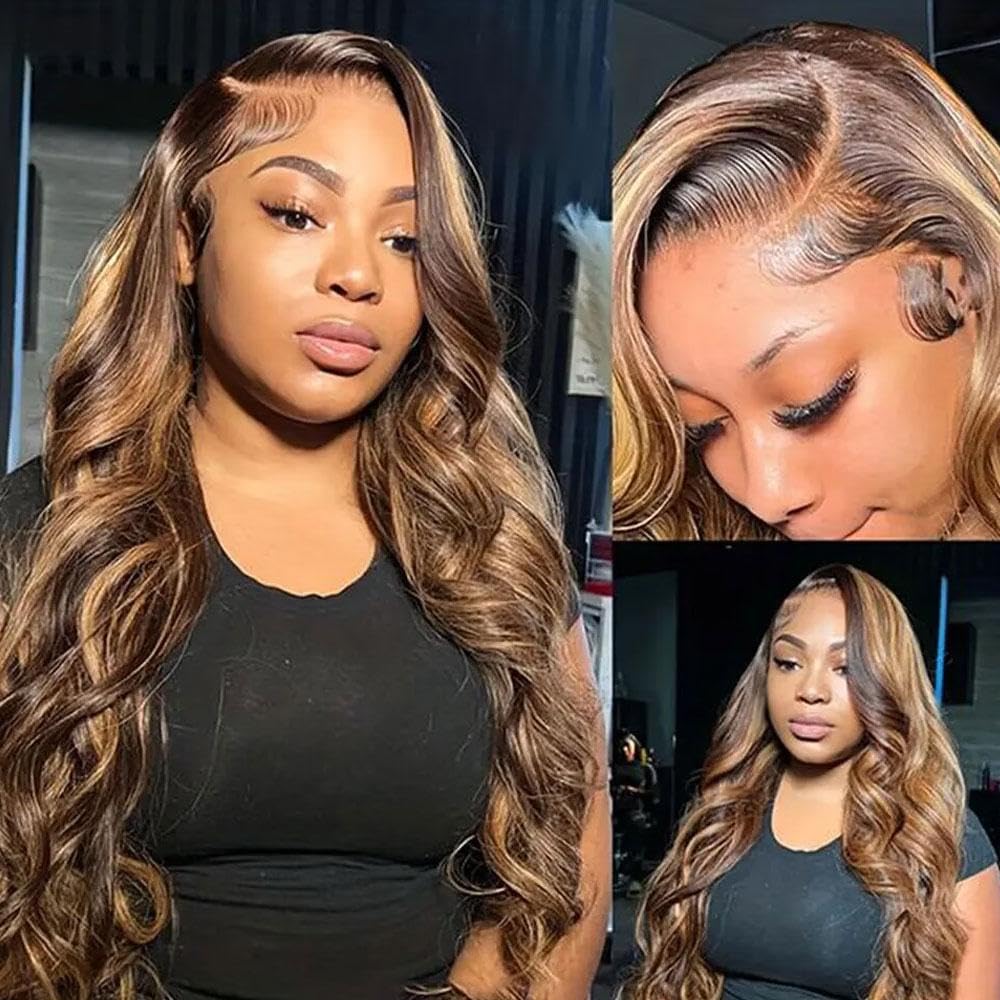 13x4 HD Transparent Lace Front Human Hair Wig 28 Inch - Highlight Body Wave with Baby Hair & Pre-Plucked Hairline | 180% Density Natural Human Hair Lace Wig for Daily Wear, Parties & Special Occasions
