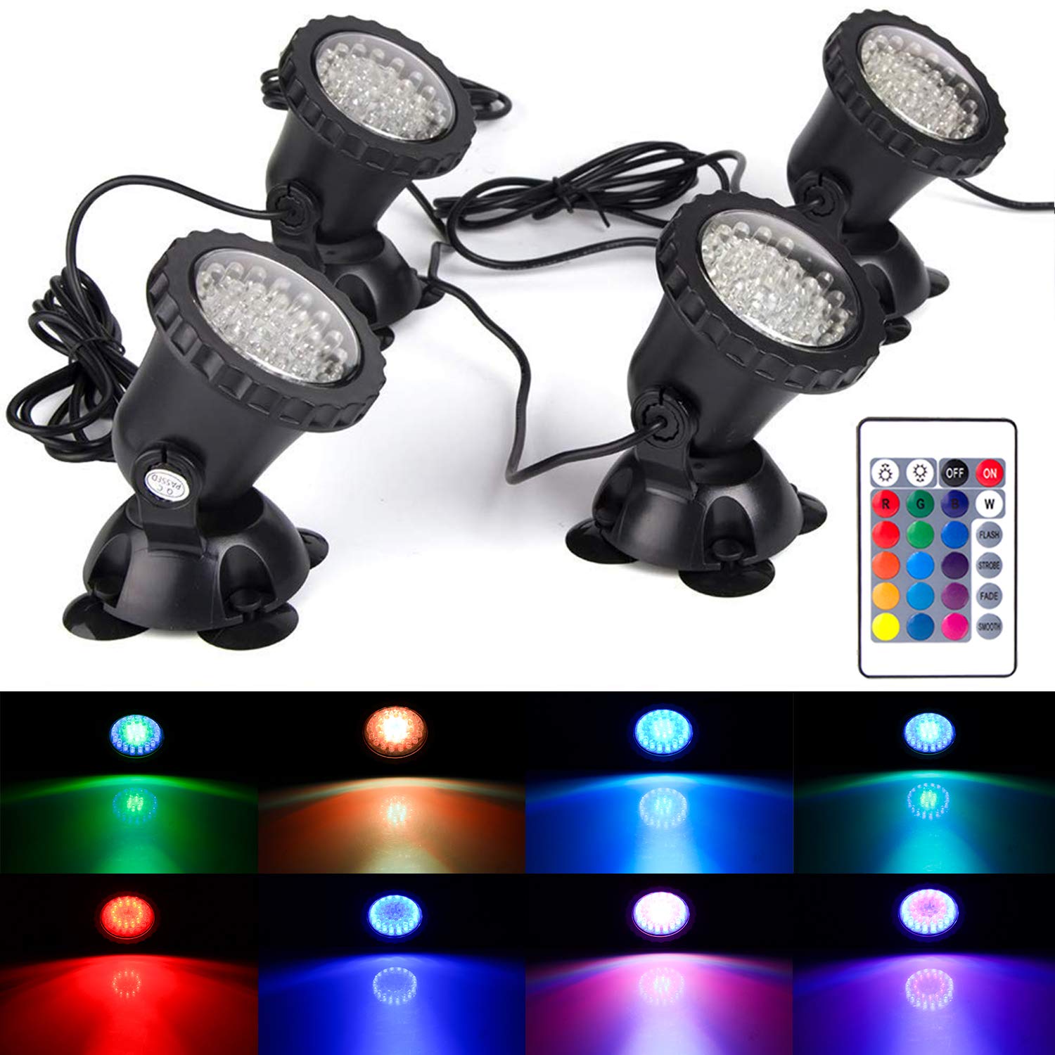 RGB Color Changing Underwater Pond Lights - IP68 Waterproof LED Fountain Spotlight for Outdoor Garden, Yard, Lawn - Dimmable Landscape Lighting for Halloween, Holidays & Nighttime Decor (4 Pack)
