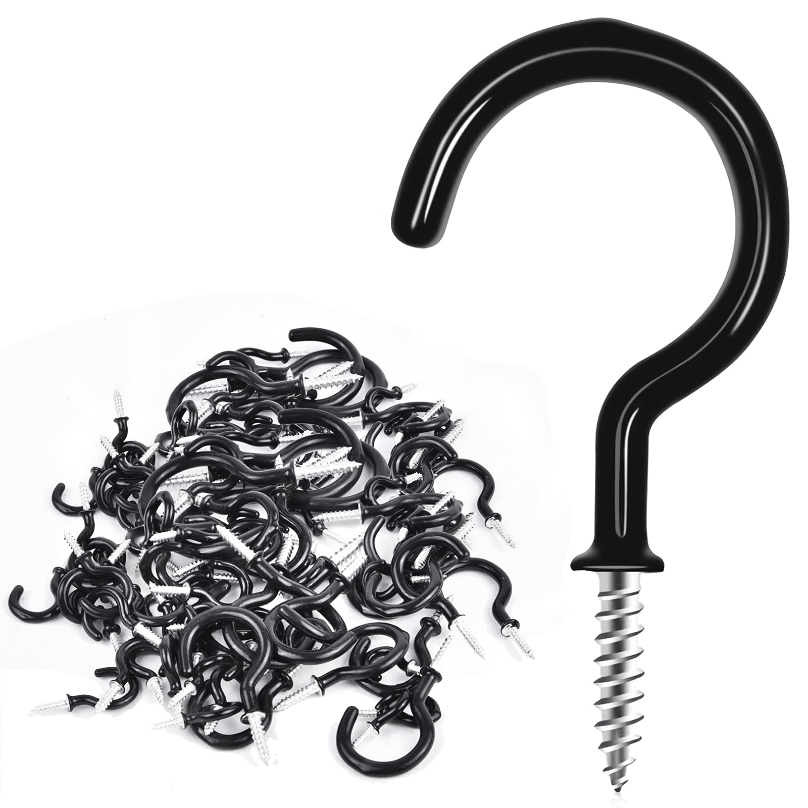 3/4 Inch Black Vinyl Coated Screw Hooks - 160 Pack Heavy Duty Ceiling Hooks for Plants, Wind Chimes & Kitchen Cups | Indoor & Outdoor Hanging Solution for Home, Garden & Patio Organization