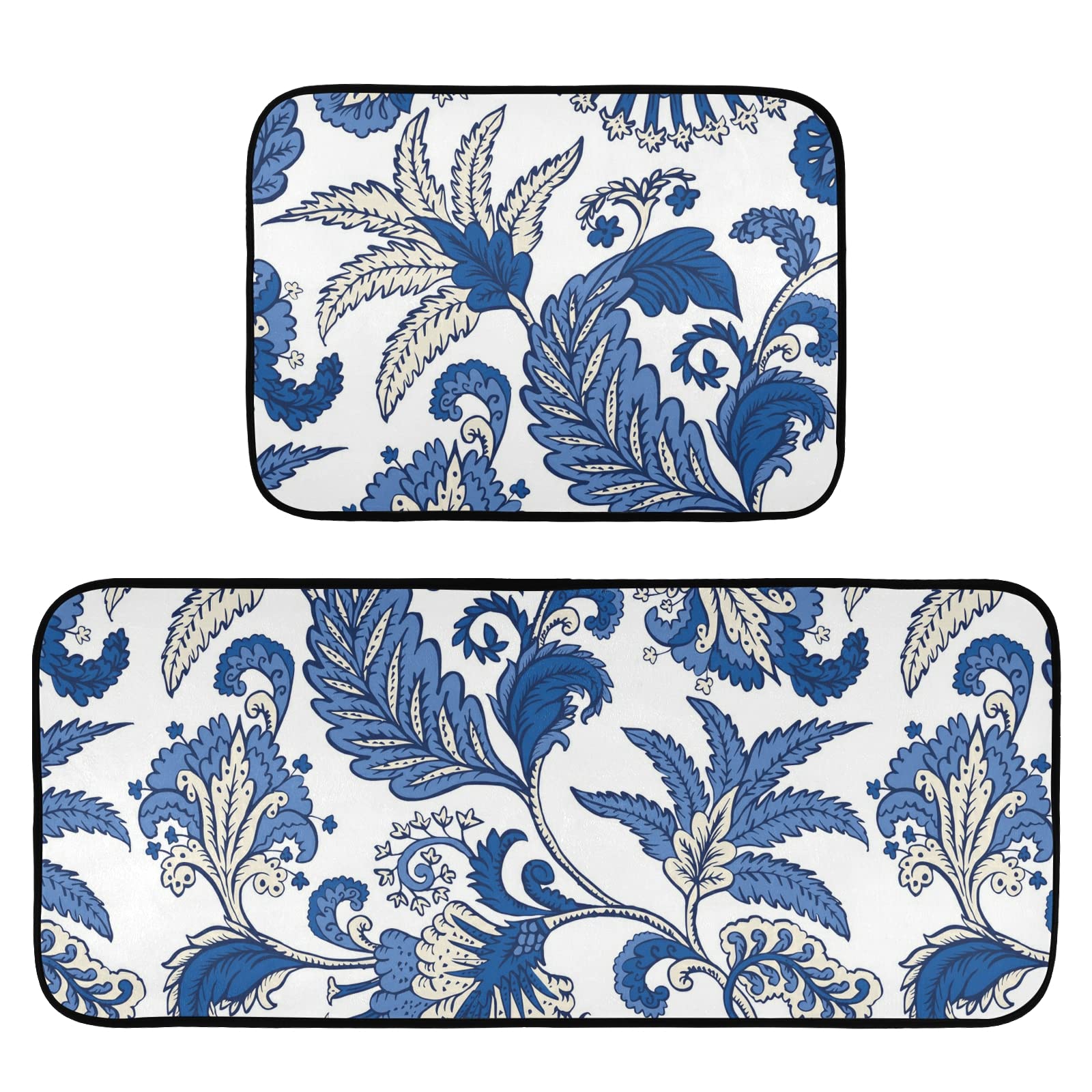 Emelivor Floral Blue Kitchen Mat Set of 2 - Non-Slip Anti-Fatigue Foam Cushioned Rugs for Comfortable Standing - Farmhouse Style Kitchen Runner & Laundry Mats - Perfect for Kitchens, Entryways & Laundry Rooms