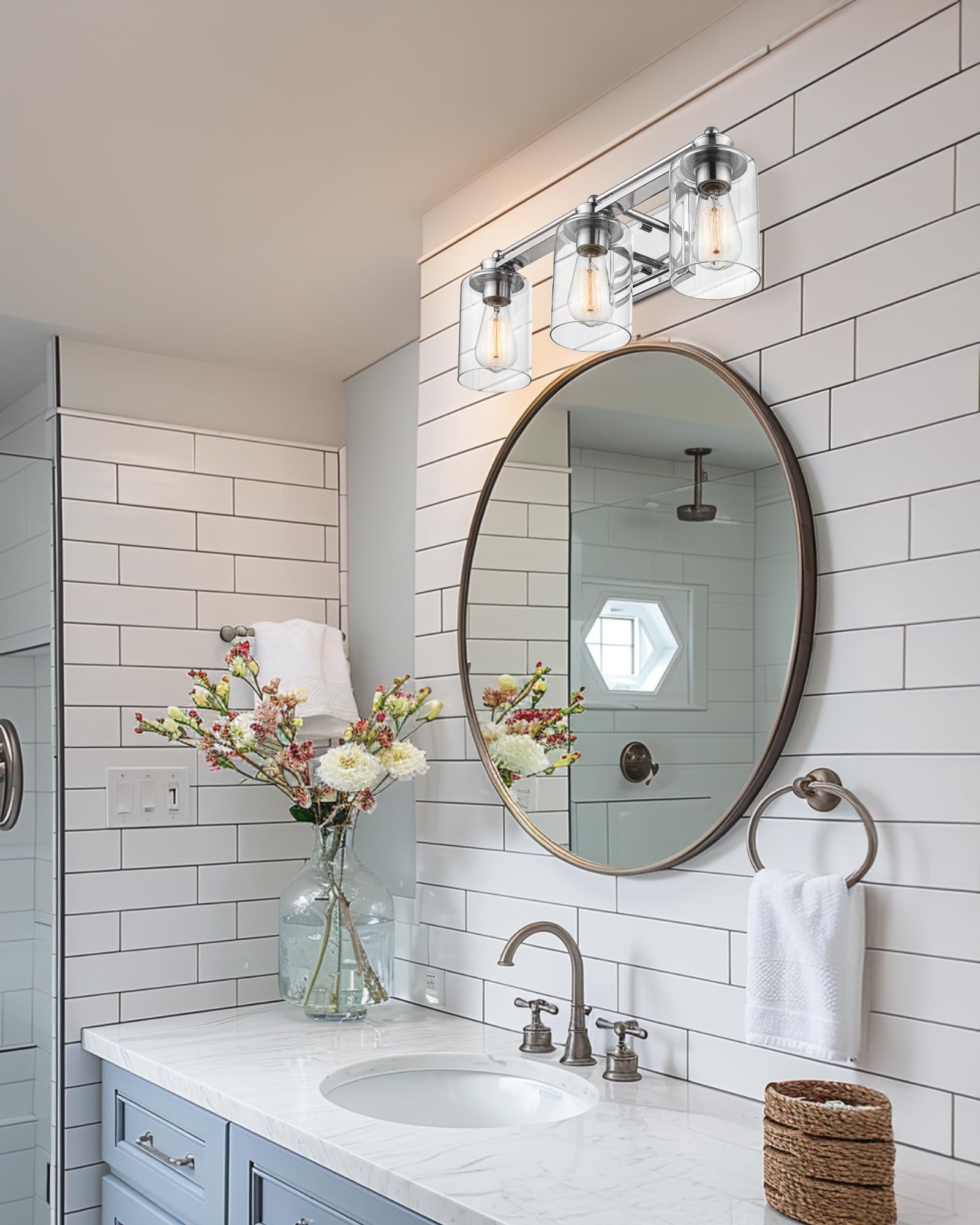 Modern Bathroom Vanity Light Fixtures - 3-Light Chrome Wall Sconce for Mirror Lighting, HWH Contemporary Vanity Wall Lamp (Model 5HLT63B-3W CH) - Perfect for Bathroom, Powder Room, and Dressing Area Illumination