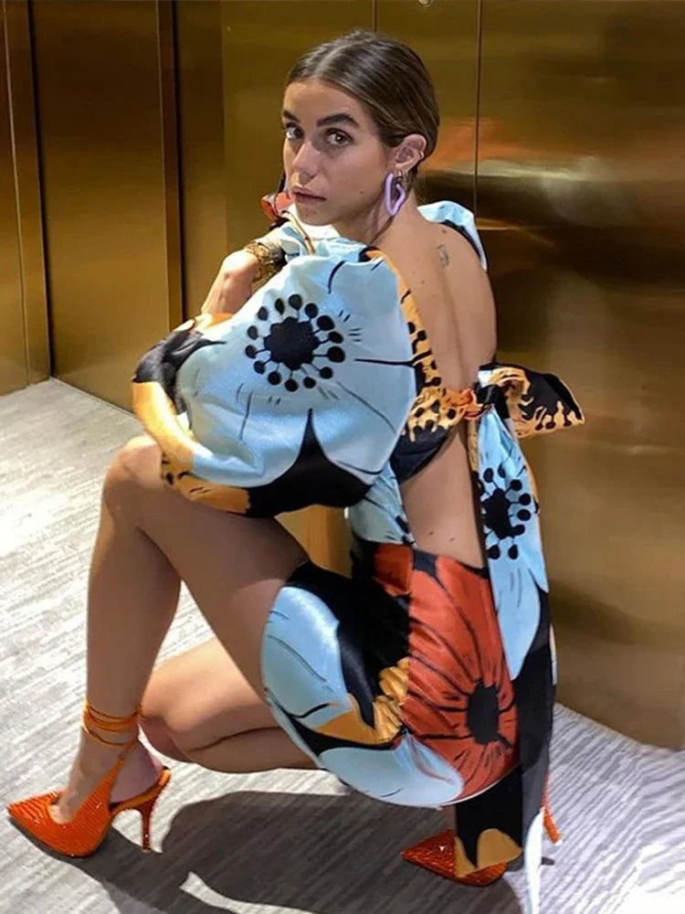 Elegant Backless Floral Mini Dress for Women - Summer Beach Party Dress with Long Lantern Sleeves & Chic O-Neck Design | Perfect for Vacations, Date Nights & Cocktail Parties