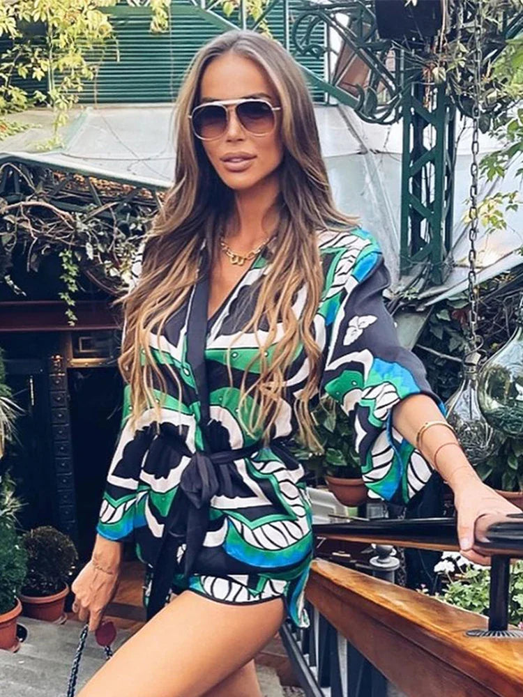 Foridol Oversized Green Print Boho Women's Shorts Set - Matching Shirt, Shorts & Pants 3-Piece Outfit for Summer | Casual Beachwear, Vacation Outfits & Boho Fashion Style