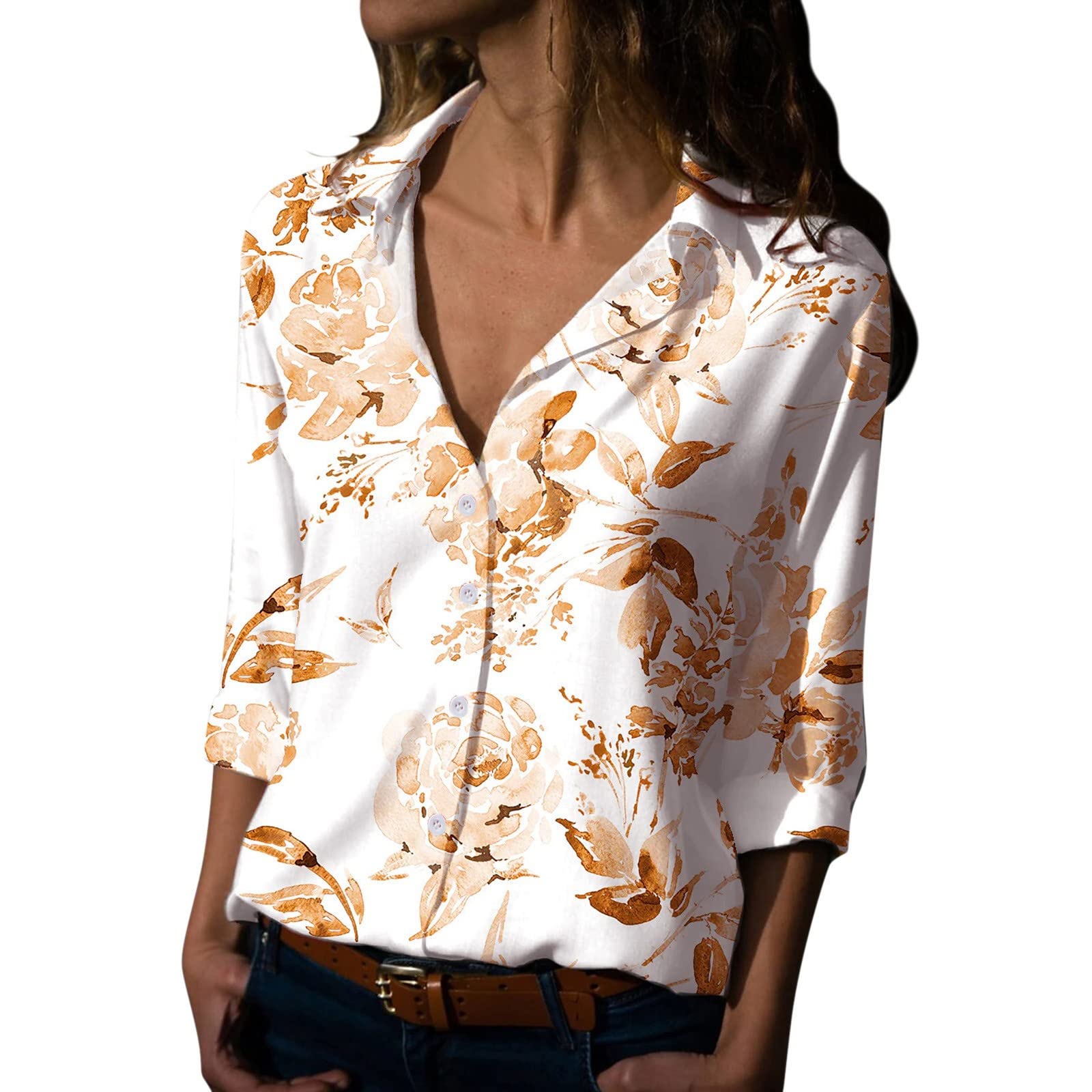 Women's Floral Print V-Neck Long Sleeve Button Down Shirt - Loose Fit Casual Blouse for Summer | Perfect for Office Wear, Date Nights & Weekend Outings