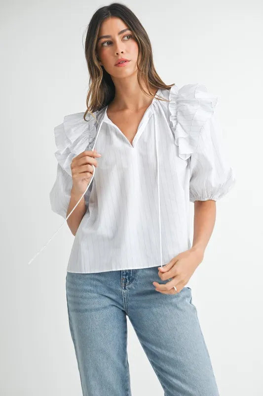 Elegant Stripe Ruffle Shoulder Puff Sleeve Blouse for Women - Trendy Office & Party Wear - Perfect for Work, Date Night & Special Occasions