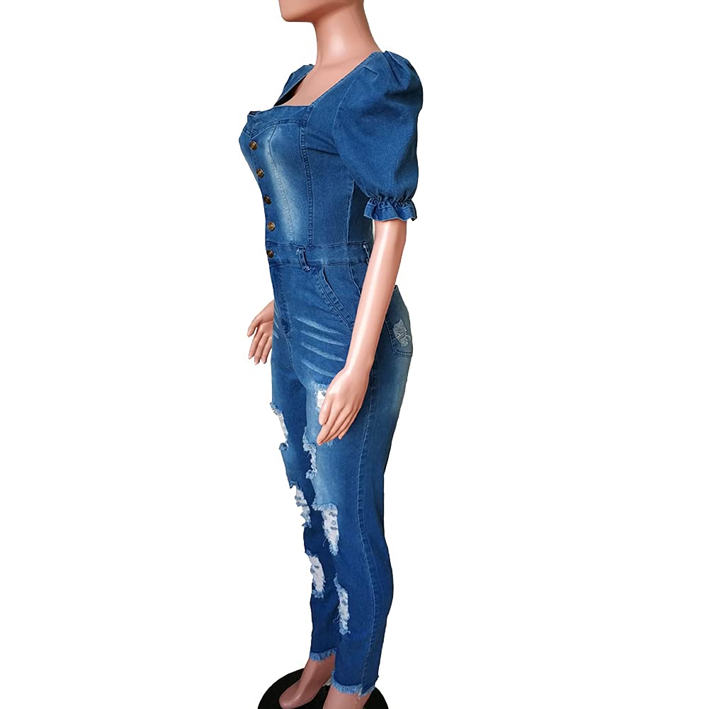 Stylish Women's Denim Jumpsuit - Casual Short Sleeve Distressed Hole Jeans Romper | Perfect for Summer Outings, Date Nights & Streetwear Fashion