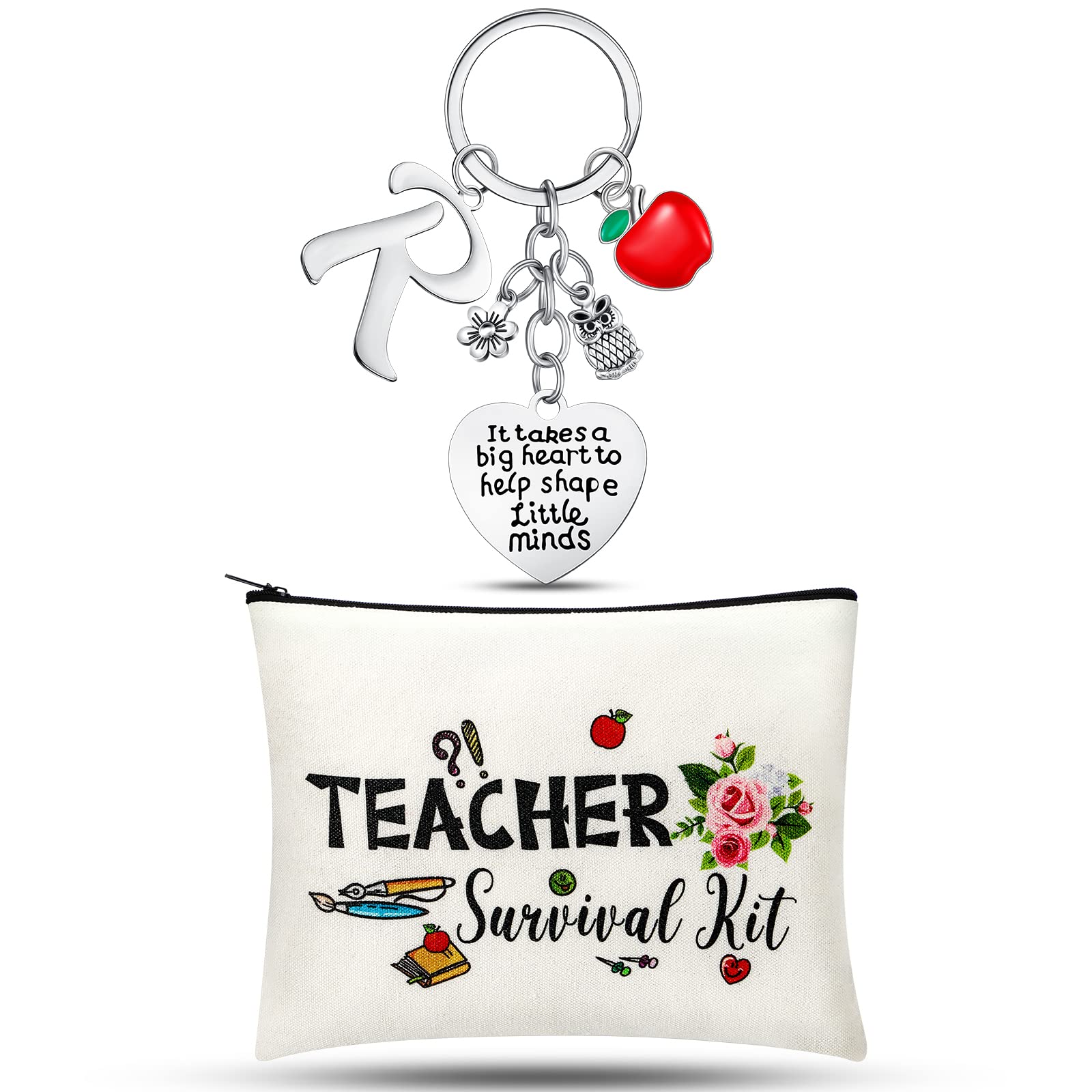 Personalized Teacher Appreciation Gift Set - Custom Initial Keychain & Thank You Makeup Pouch Bag for Educators (R Style) | Perfect End of Year, Christmas & Teacher's Day Presents