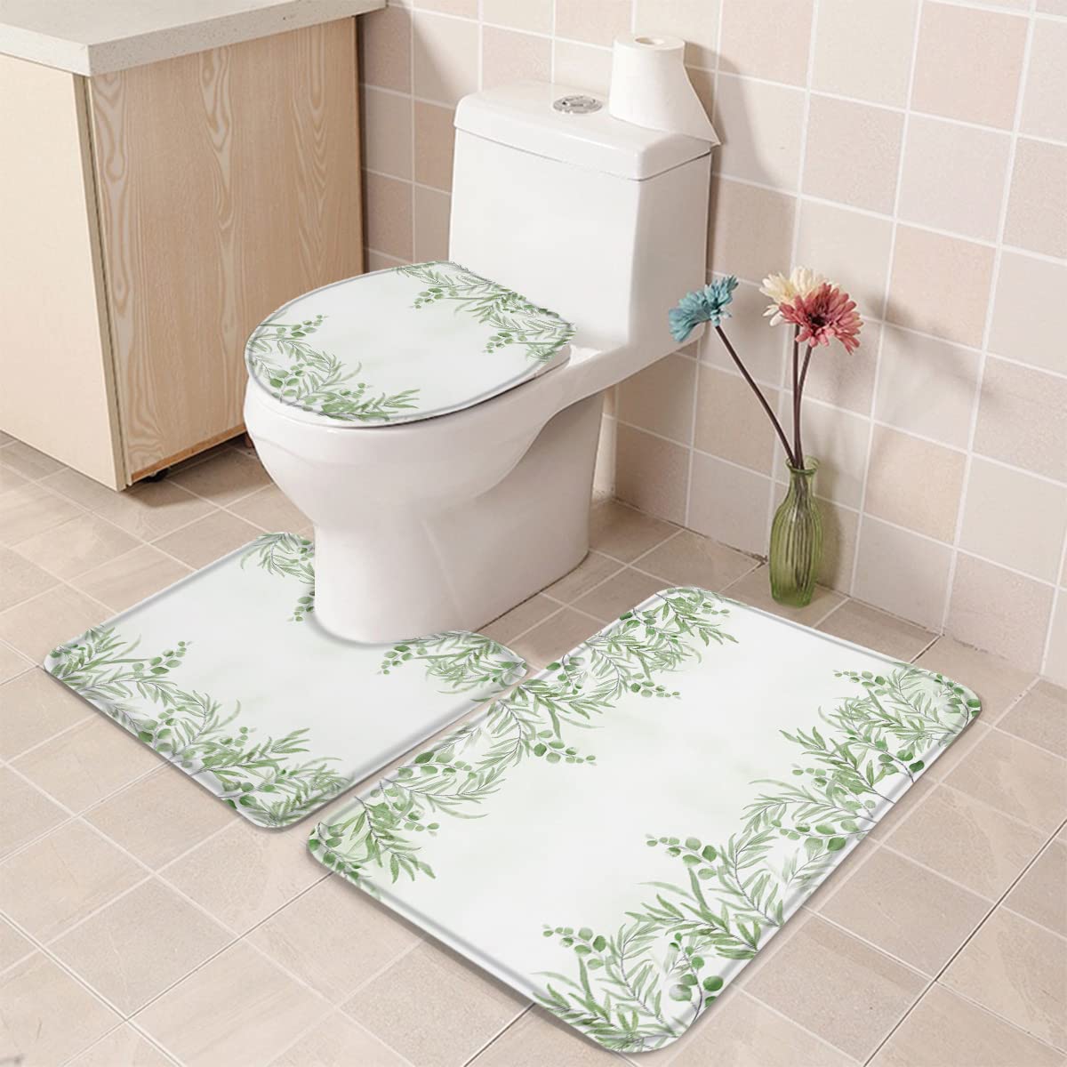 3-Piece Watercolor Green Leaf Bath Mat Set - Non-Slip Absorbent Bathroom Rug, Toilet Lid Cover & U-Shaped Contour Mat - Spring Plant Design for Bathtub, Shower & Vanity Areas