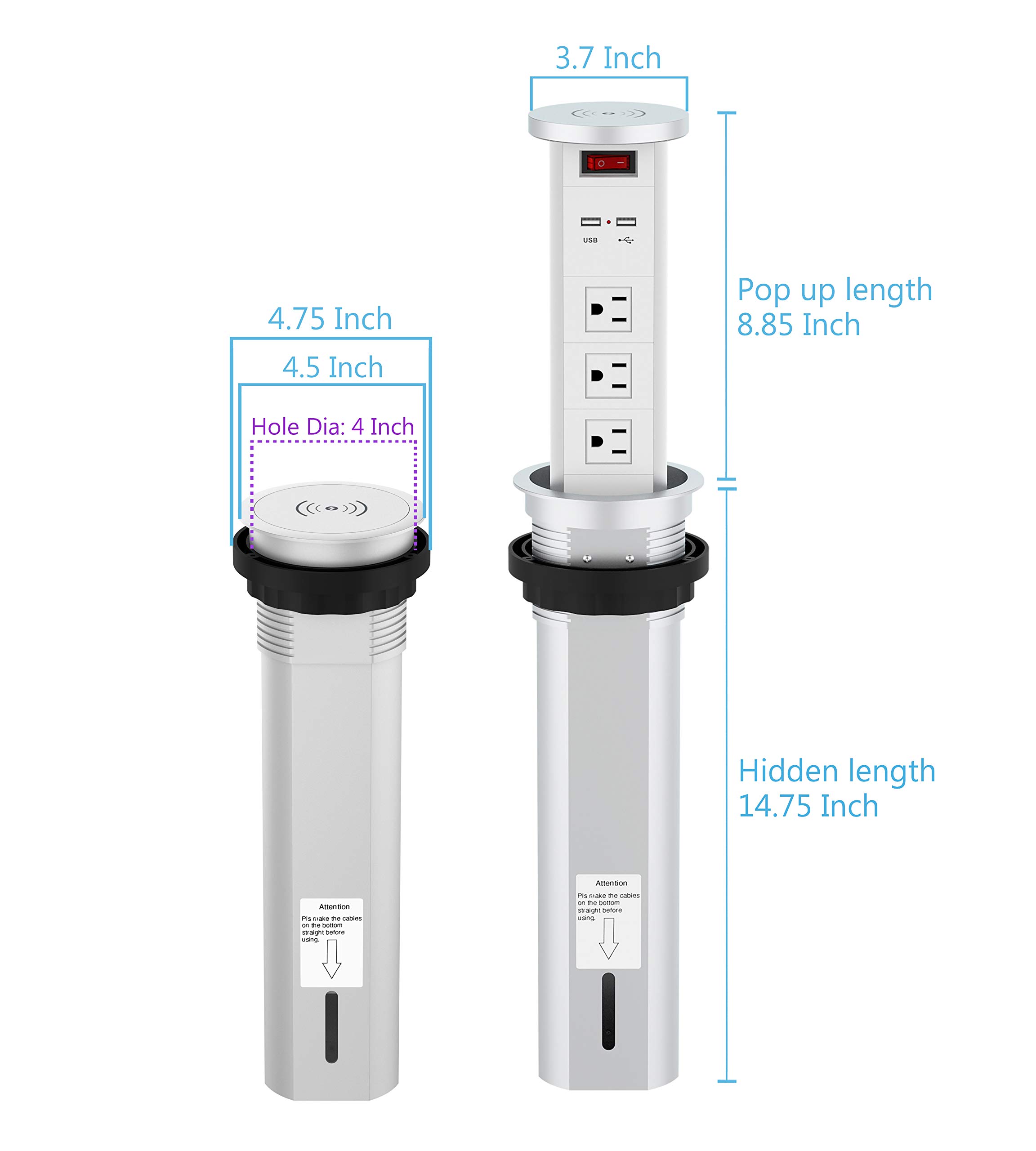 Automatic Pop-Up Surge Protector Outlet with 2 USB Ports & 3 AC Plugs - Retractable Hidden Power Strip with Wireless Charger for Kitchen Island, Conference Table, Office Desk - Perfect for Home, Office & Commercial Spaces