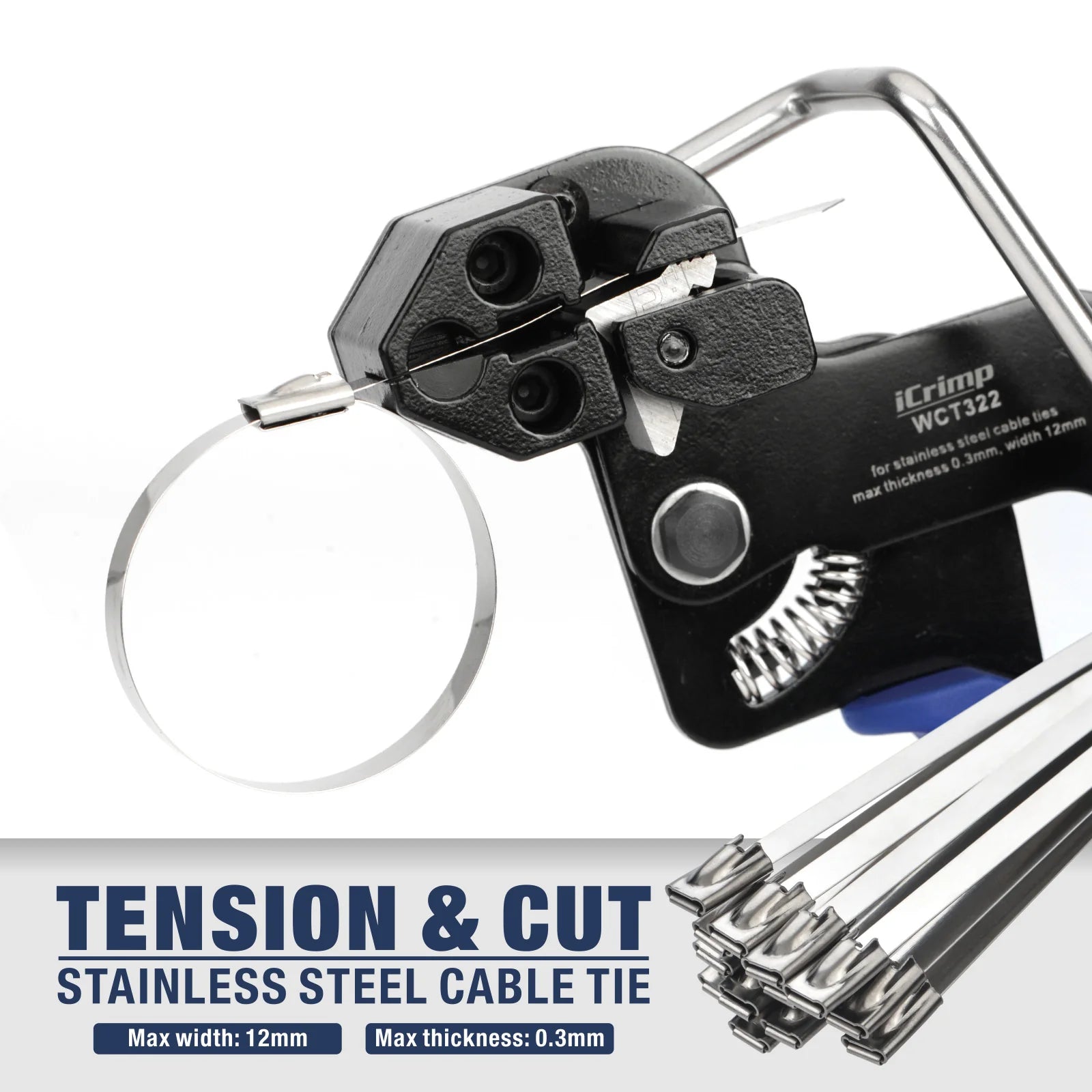 WCT 322 Stainless Steel Cable Tie Gun Tool - Heavy Duty Fastening & Cutting Tool for 12mm Zip Ties | Includes 100PCS Stainless Steel Cable Ties | Perfect for Electrical Wiring, HVAC, Automotive & Industrial Applications