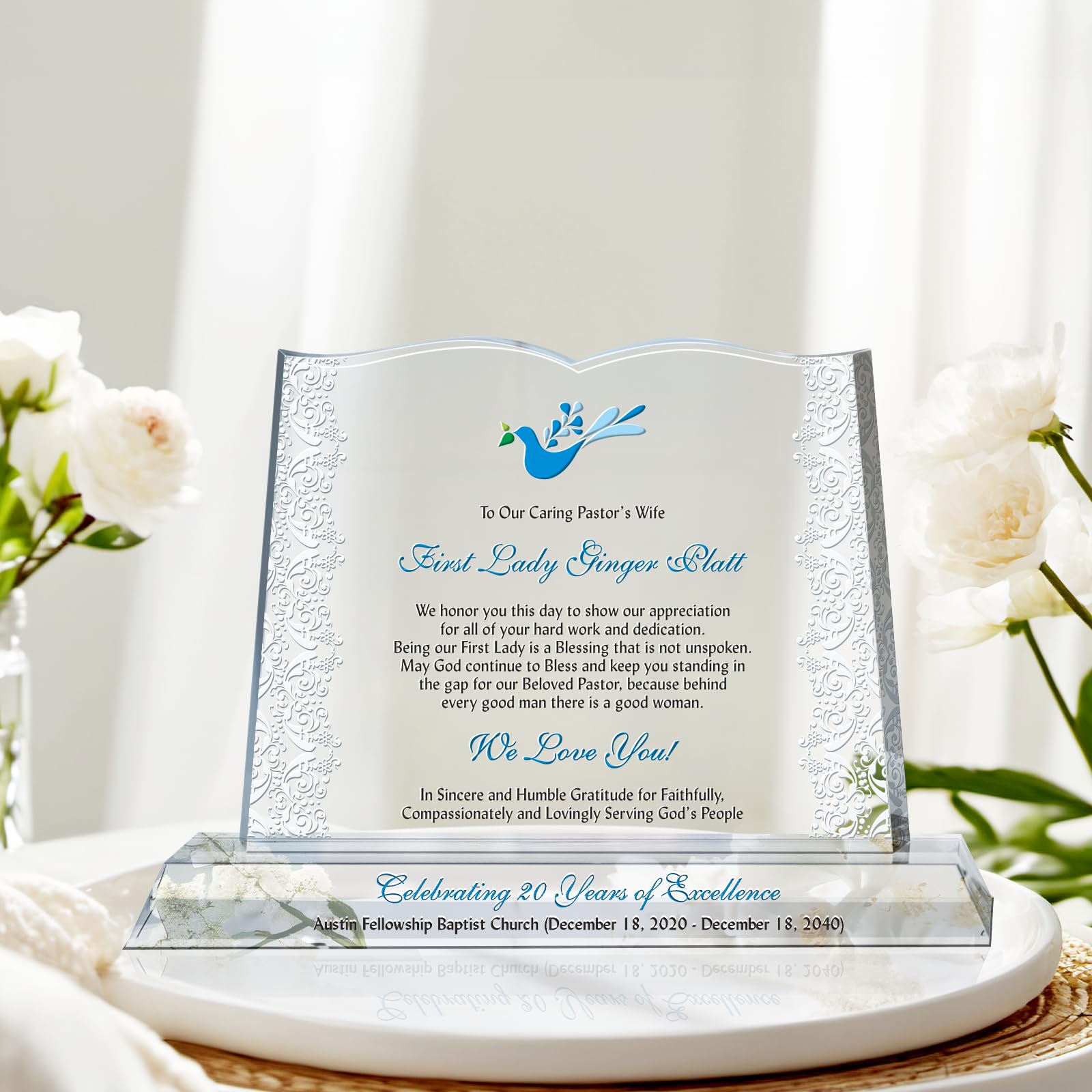Custom Engraved Crystal Bible Plaque for Pastor's Wife - Personalized First Lady Appreciation Gift with Name & Message - 12 Inch Christian Ministry Gift for Mother's Day, Christmas, Ordination Anniversary - Perfect for Church Office Decor, Pastoral Appreciation Events & Spiritual Encouragement