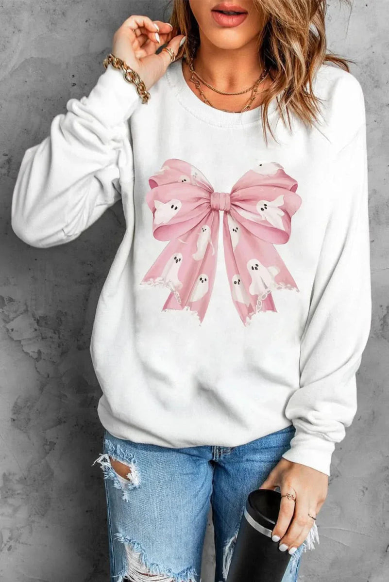 Bow Round Neck Long Sleeve Sweatshirt for Women - Soft Cotton Pullover Top with Cute Bow Detail - Perfect for Casual Wear, Office Outfits & Fall Layering
