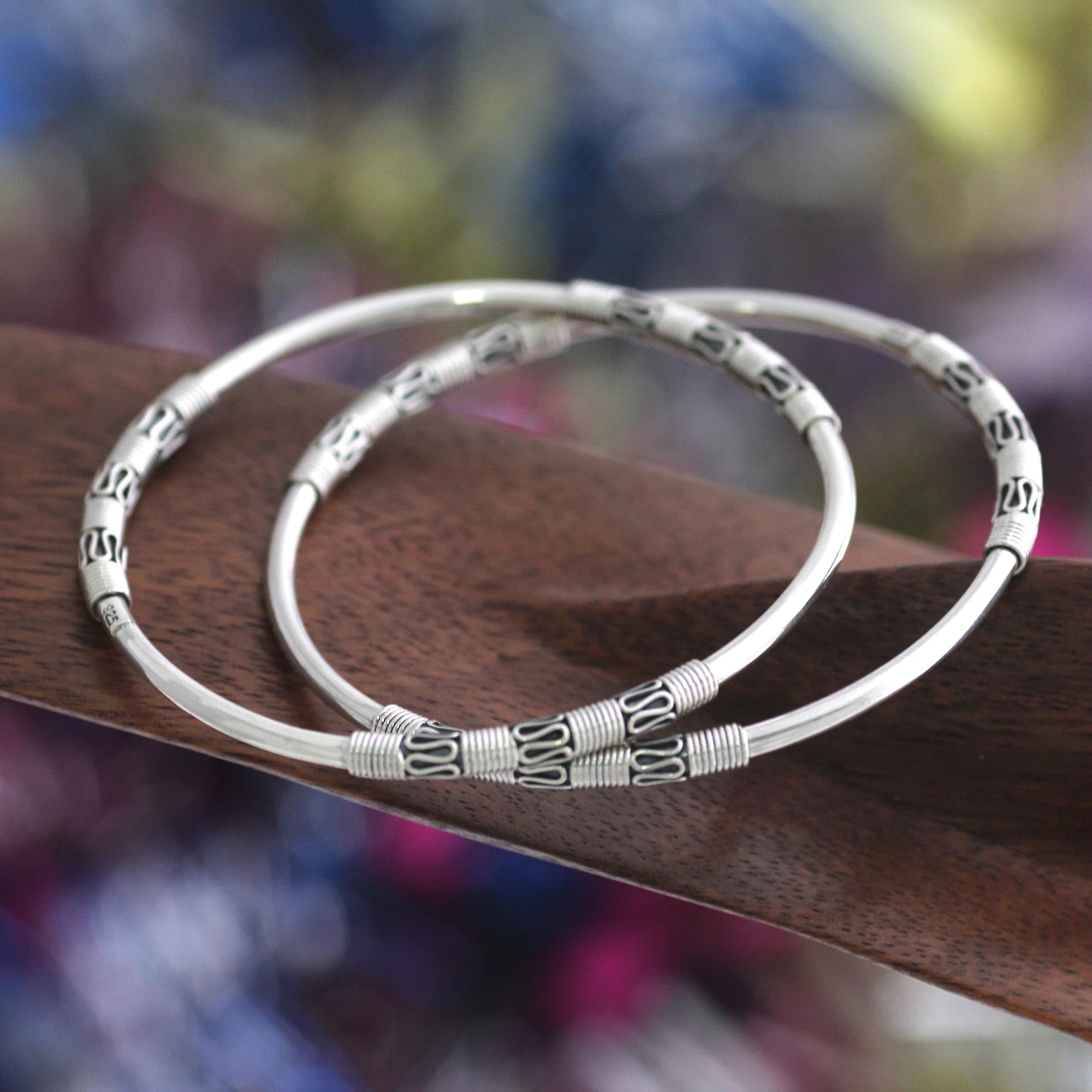 NOVICA Handmade .925 Sterling Silver Bangle Bracelets - Traditional Balinese Artisan Crafted Pair (No Stone) - Perfect for Boho Chic Style, Wedding Jewelry & Cultural Gift Giving