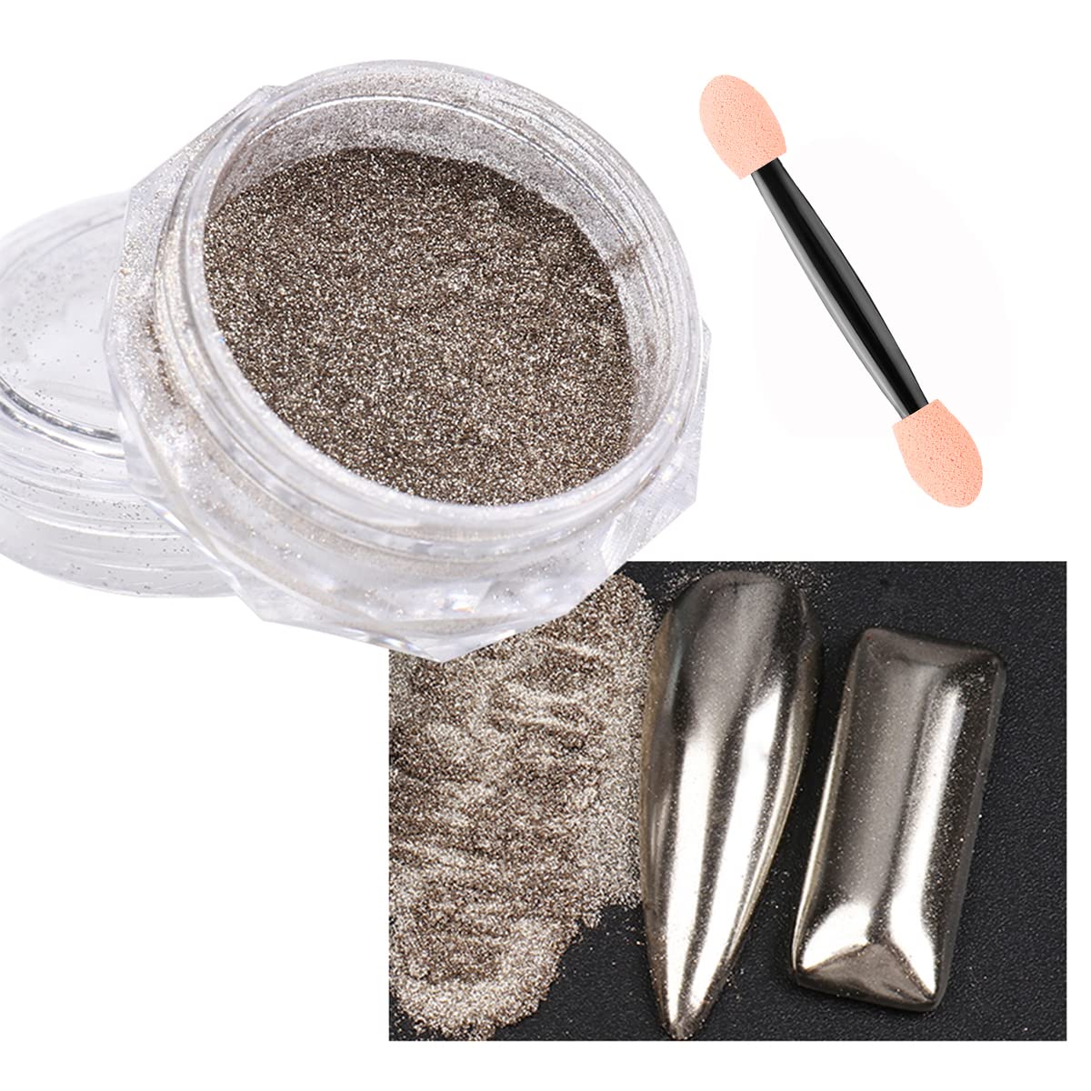 4 Jars Holographic Chrome Nail Powder Set - Silver, Copper, Black, Brown Metallic Mirror Effect Glitter Pigment for Gel Nails | Professional Manicure Art Design & Nail Decoration Tools Included | Perfect for Salon, Home DIY, Parties & Special Occasions
