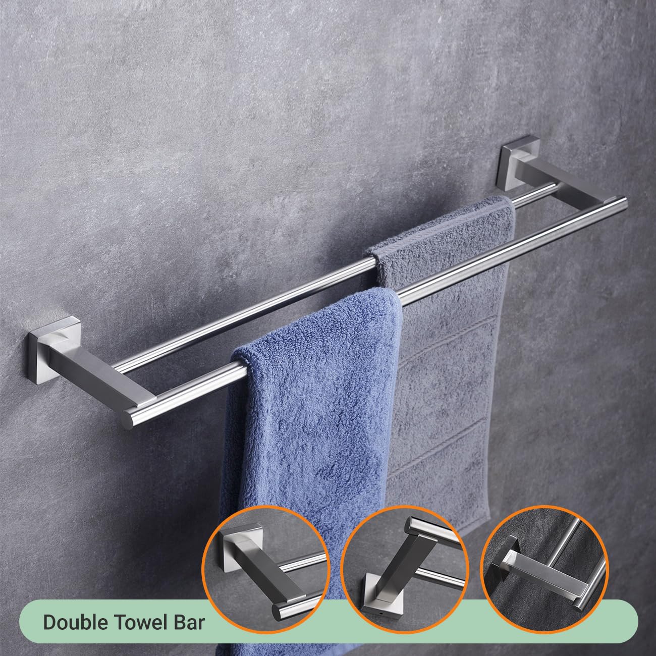 Hoooh 4-Piece Brushed Stainless Steel Bathroom Accessories Set - Wall Mounted Double Towel Bar, Hand Towel Rack, Toilet Paper Holder & Robe Hooks (BS101S4-BN) - Modern Bathroom Organization for Home & Hotel Use