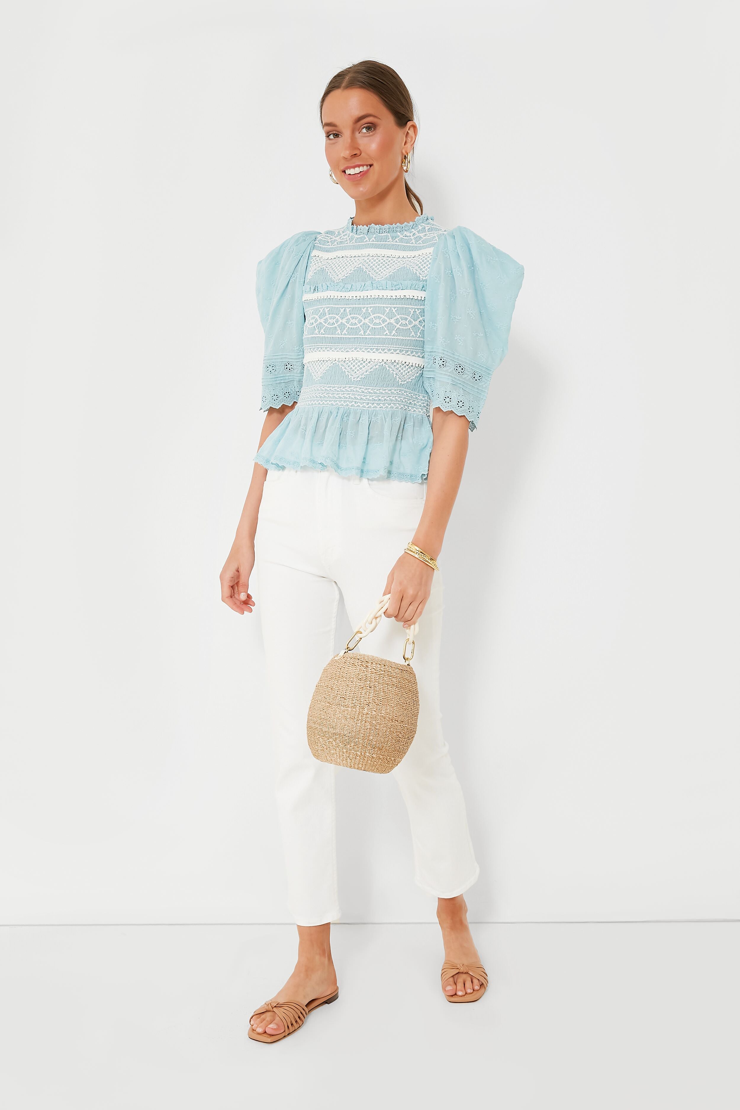 Blue Olga Hand Smocking Puff Sleeve Top for Women | Elegant Embroidered Blouse | Perfect for Casual Outings, Date Nights & Summer Fashion