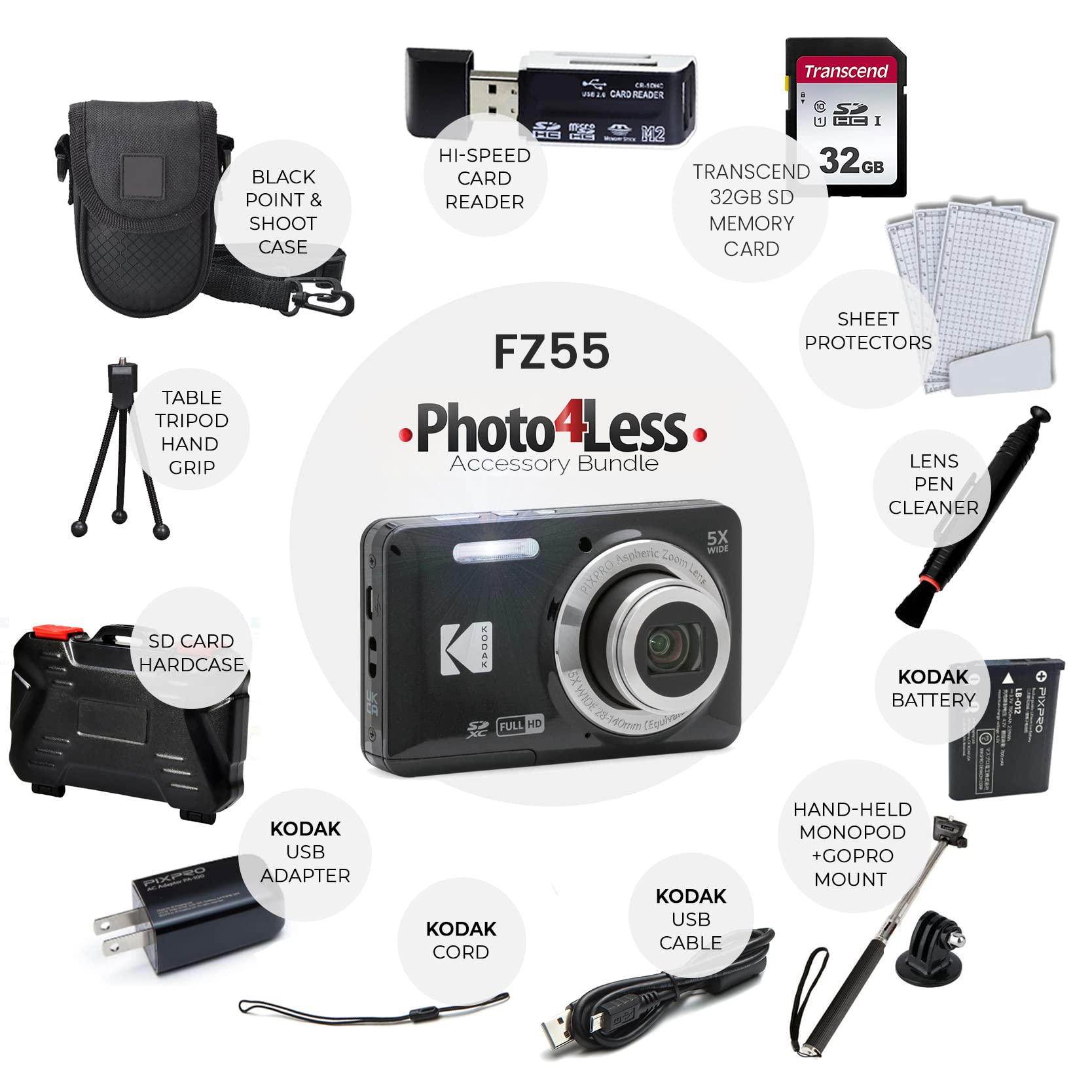 Kodak PIXPRO FZ55 16MP Digital Camera Bundle - Black Point and Shoot Camera with 32GB SD Card, Case, Monopod, Cleaning Kit & Tripod | Perfect for Travel, Vlogging & Family Photography