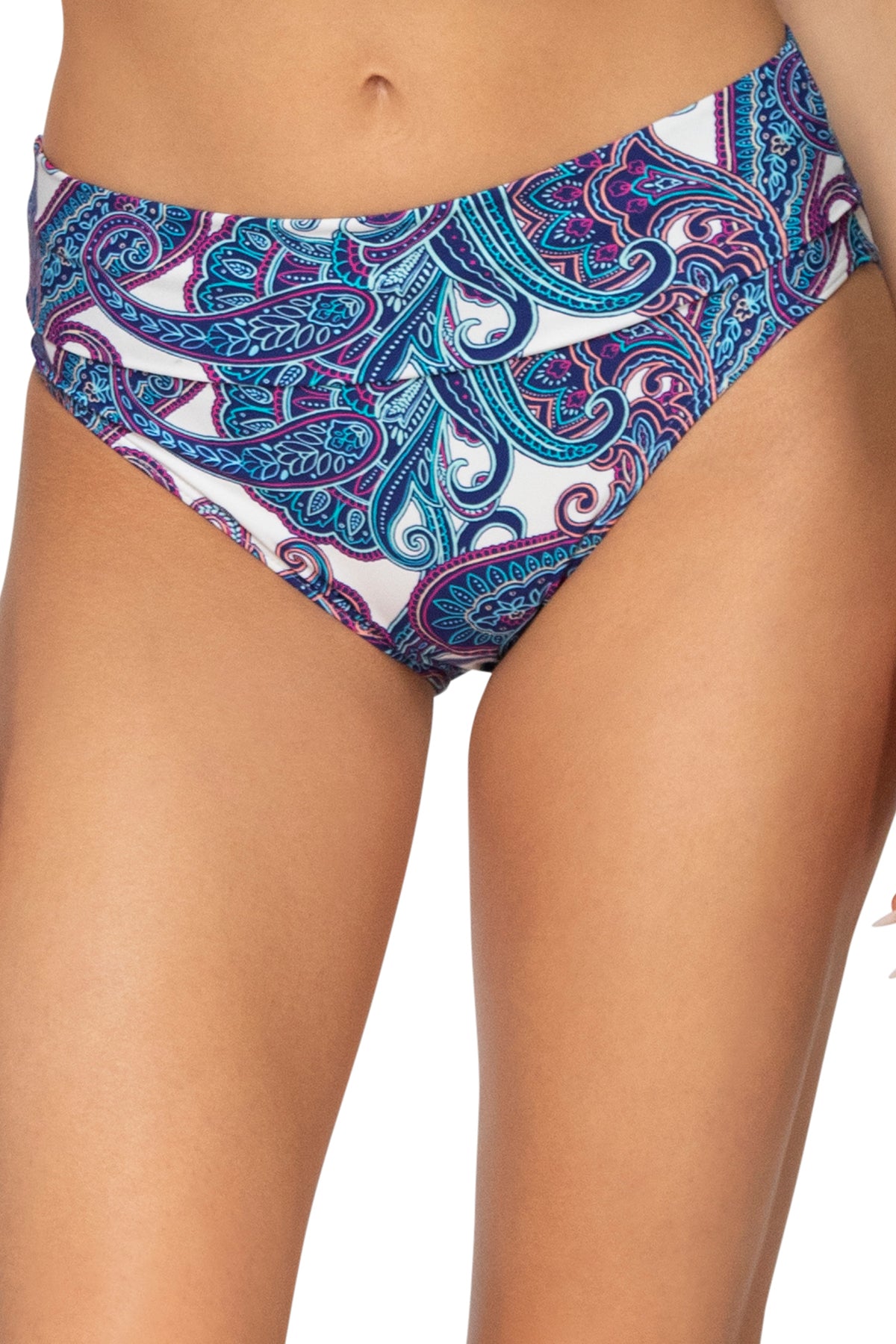 Hannah High Waist Regatta Paisley Floral Print Swim Bottoms - Women's Retro Vintage Bathing Suit for Beach, Pool & Vacation