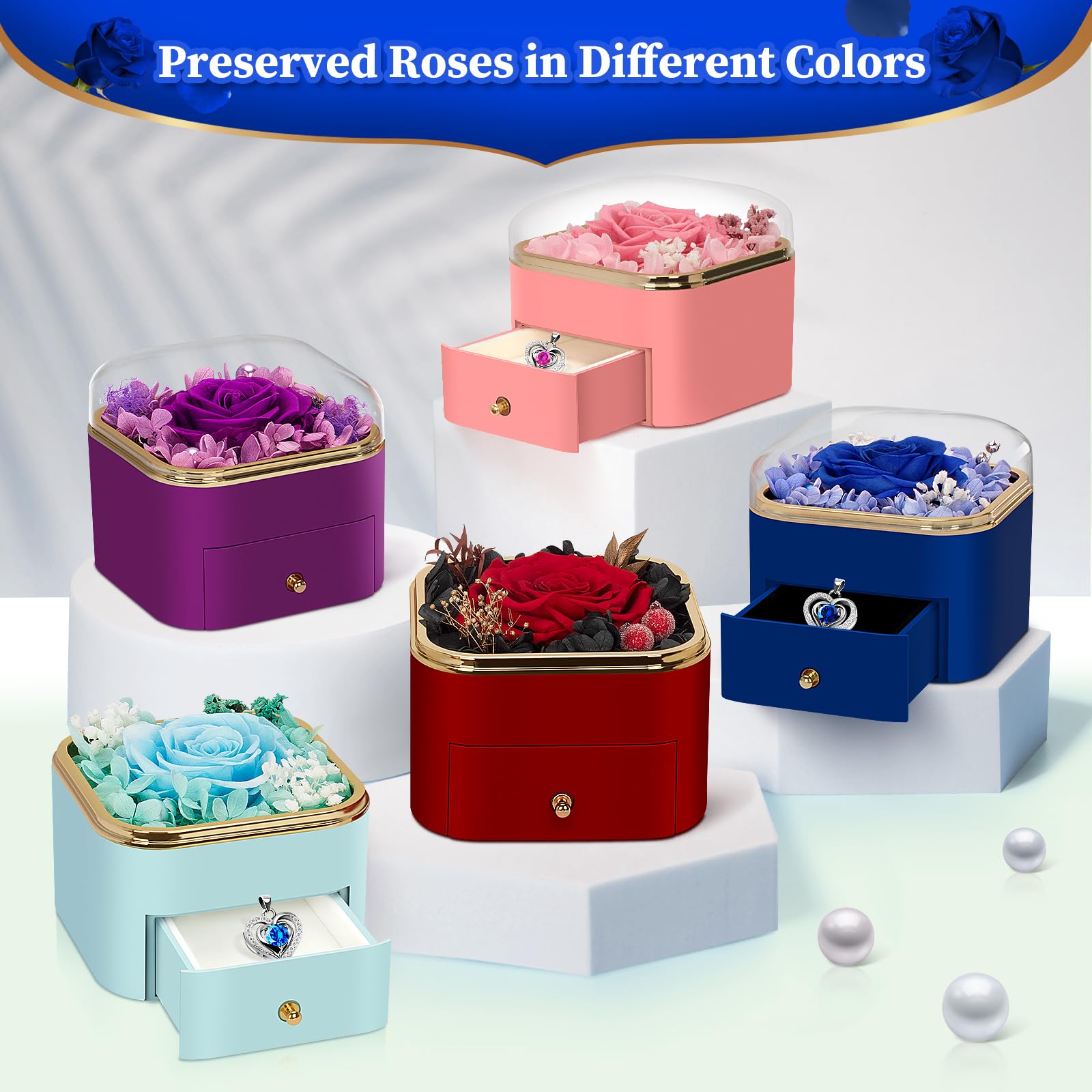 Real Preserved Rose with Heart Necklace - Romantic Eternal Flower Gift for Women, Girlfriend, Wife, Mom, Grandma - Birthday, Anniversary, Christmas Present - Perfect for Special Occasions & Keepsake (Blue)