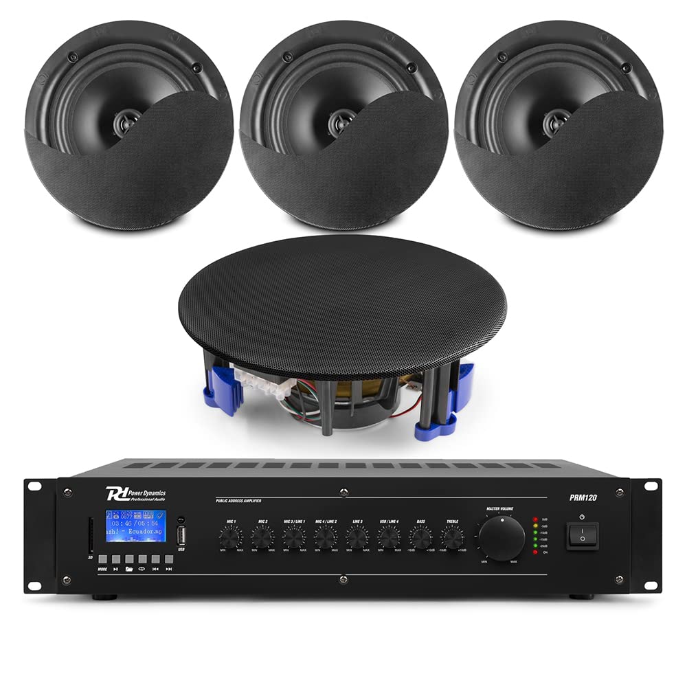 Power Dynamics NCSP5B Commercial Ceiling Speaker System with Bluetooth - 4x 5.25-Inch Black Speakers & Mixer Amplifier for Restaurants, Bars, Shops & Cafes | Background Music, Retail Stores, Office Spaces