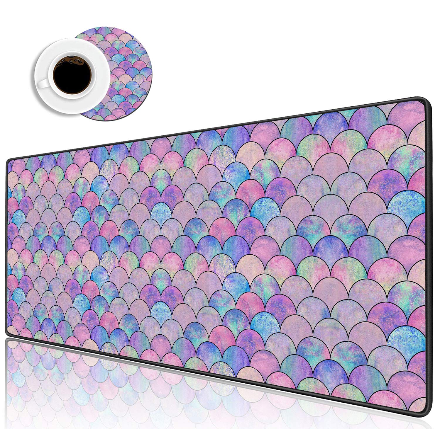 XXL Extended Gaming Mouse Pad 31.5×11.8 Inches - Non-Slip Desk Mat with Stitched Edges for PC, Laptop, Office & Home Use | Watercolor Fish Scale Wave Design Includes Cup Coaster - Perfect for Gaming, Workstations and Home Office Setups
